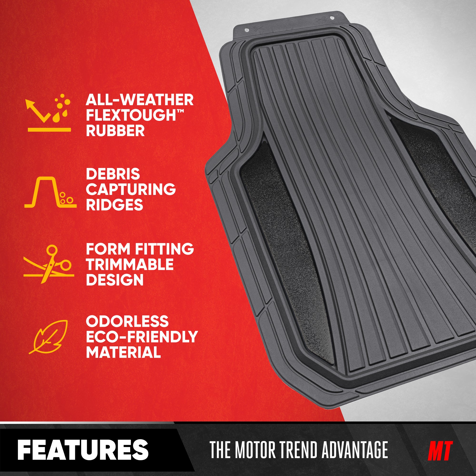 Motor Trend ChromeTech Car Floor Mats Full Set - Durable Rubber Floor Mats for Cars with Two Tone Accent, All Weather Interior Protection for Front and Rear with Non-Slip Backing, Gray/Black