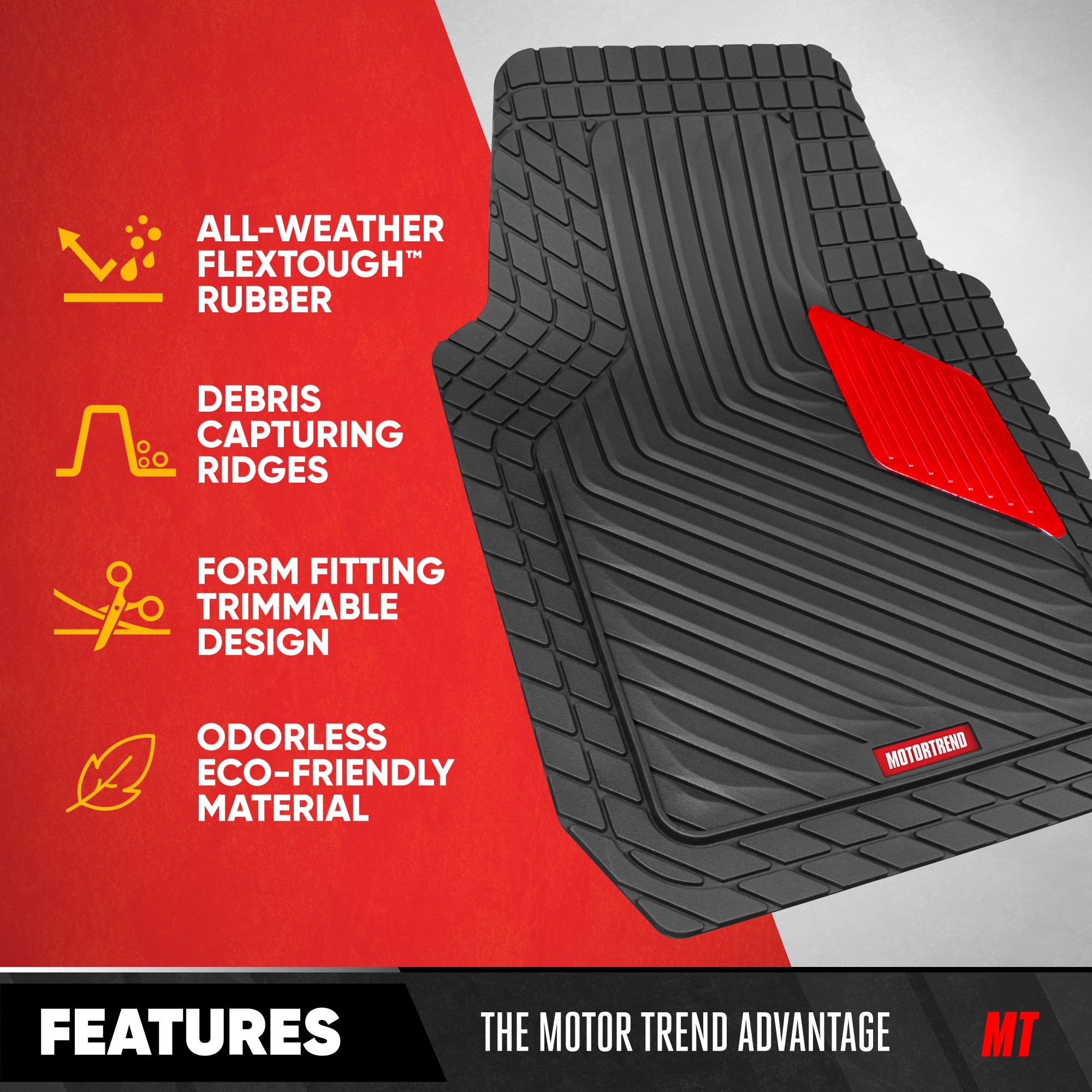 Motor Trend MetallicGuard Car Floor Mats Full Set - Durable Rubber Floor Mats with Red Metallic Heel Pad, All-Weather Interior Protection for Front and Rear with Non-Slip Backing