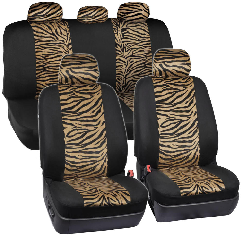 BDK 12-Piece Brown Tiger Front Seat Covers, Rear Seat Covers, Seat Belt Pads, and Steering Wheel Cover (Fits 14.5" - 15.5")