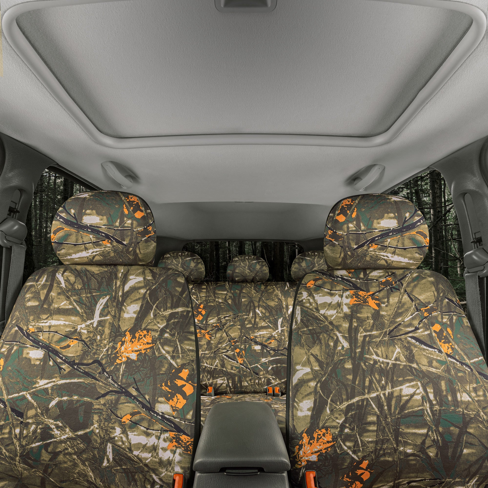 BDK 12-Piece Hunter Camo Front Seat Covers, Rear Seat Covers, Seat Belt Pads, and Steering Wheel Cover (Fits 14.5" - 15.5")