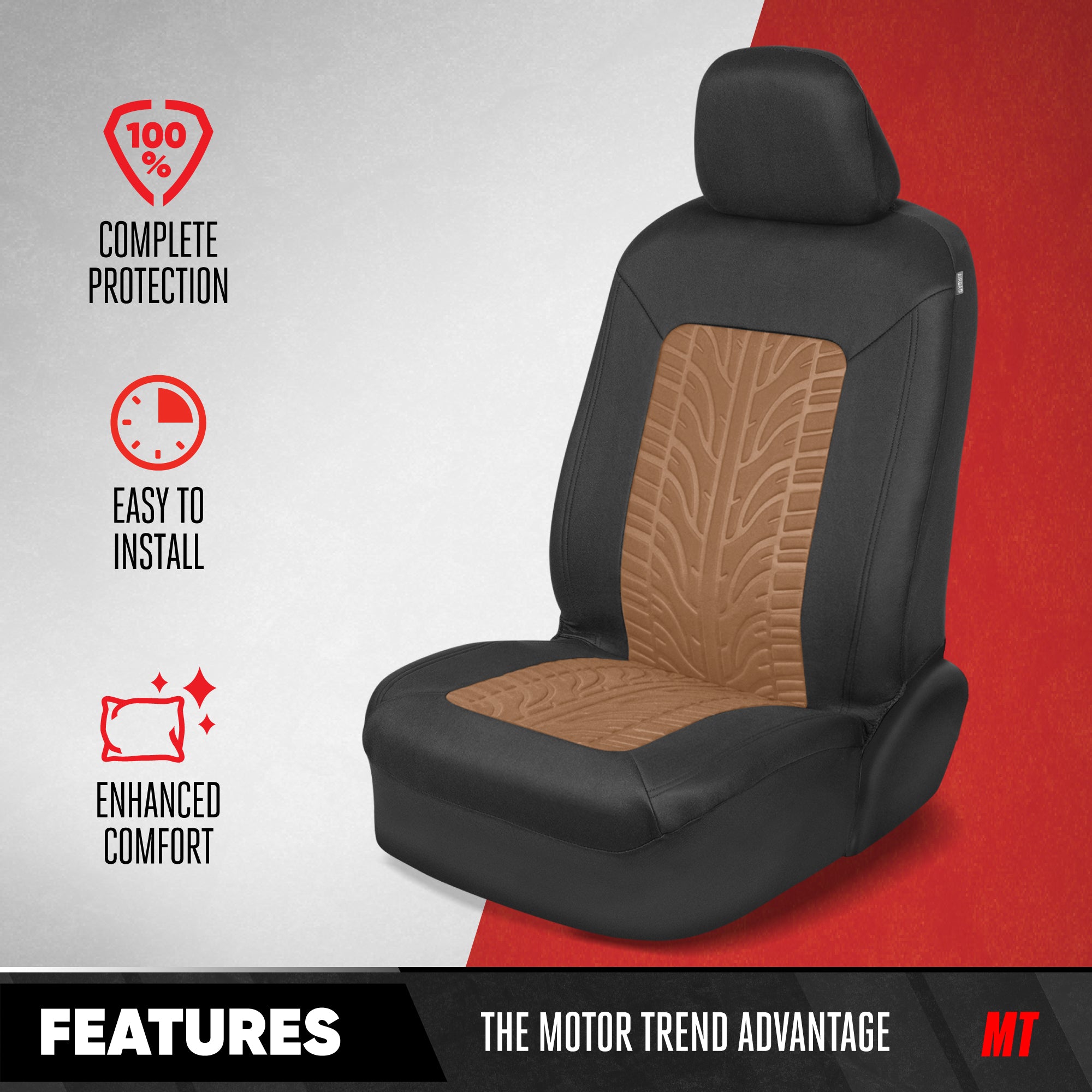 Motor Trend GrandPrix Seat Covers for Cars, 2-Pack Black & Beige Tire Tread Embossed Car Seat Covers for Front Seats, Automotive Interior Covers for Car Truck Van SUV