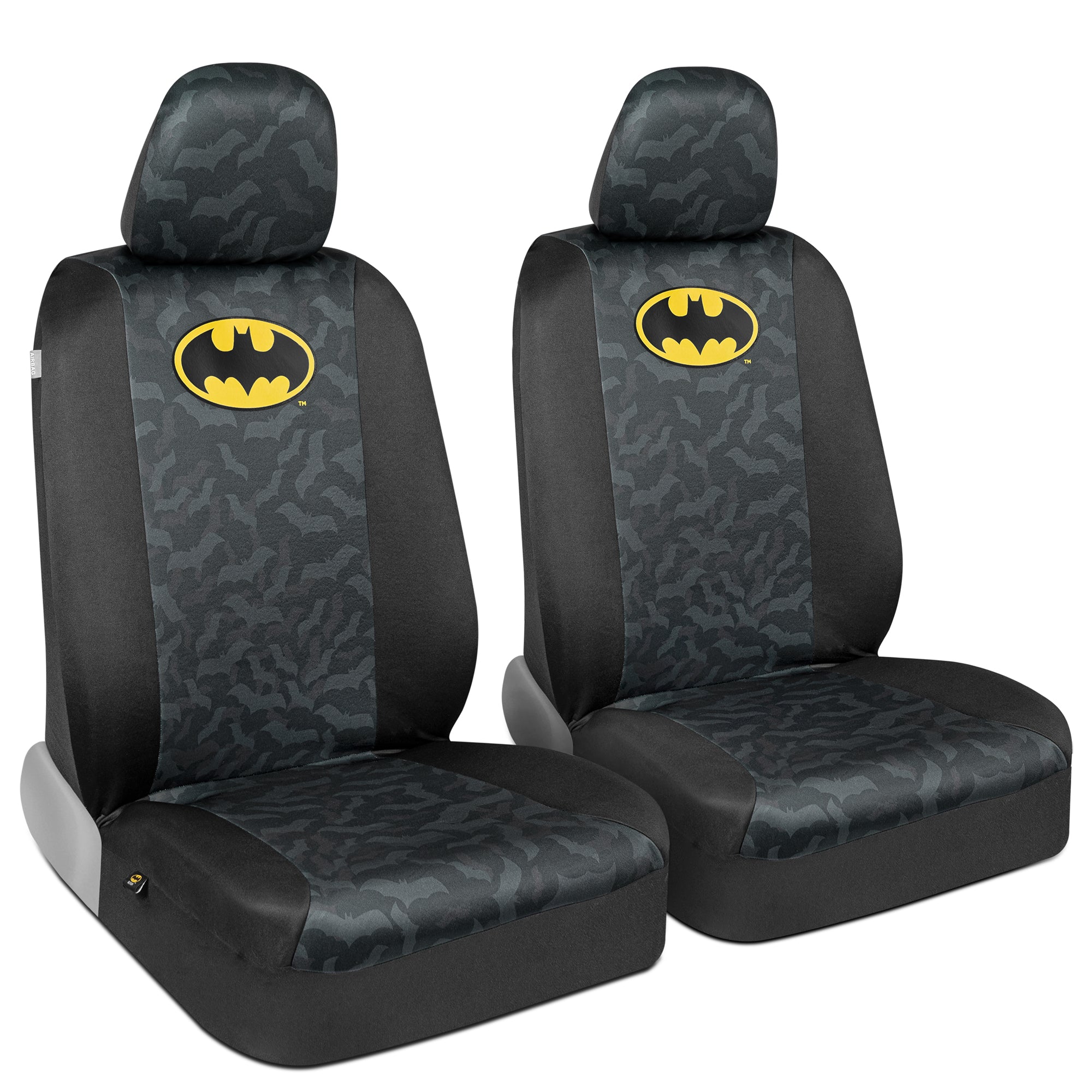 Warner Bros DC Comics 2-Pack Batman Logo with Bat Background Front Seat Covers and 2-Pack Batman Logo Seat Belt Pads