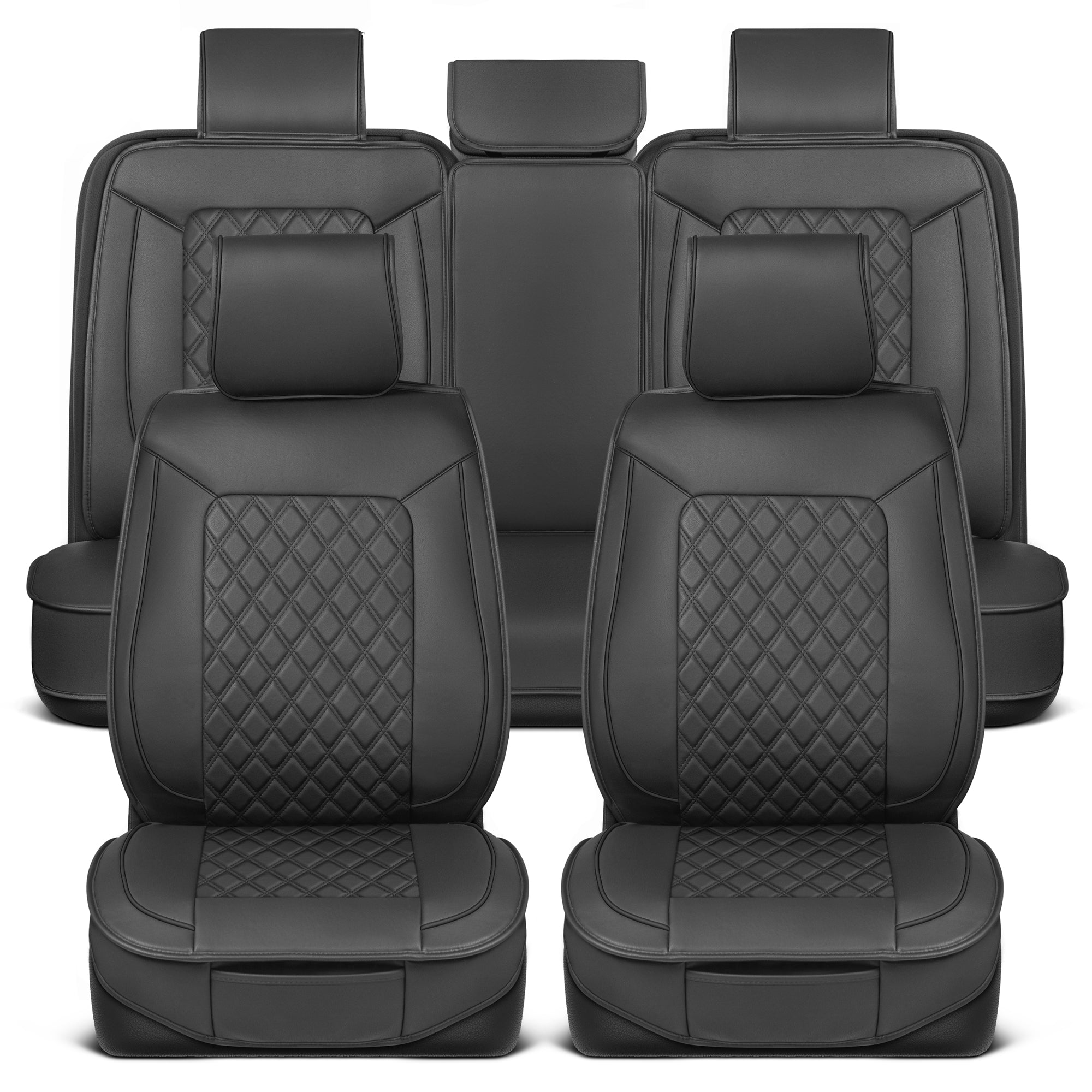 MotorBox 11-Piece Prestige Edition Premium Faux Leather Diamond Stitched Cushion Front Seat Covers and Rear Seat Covers - Black