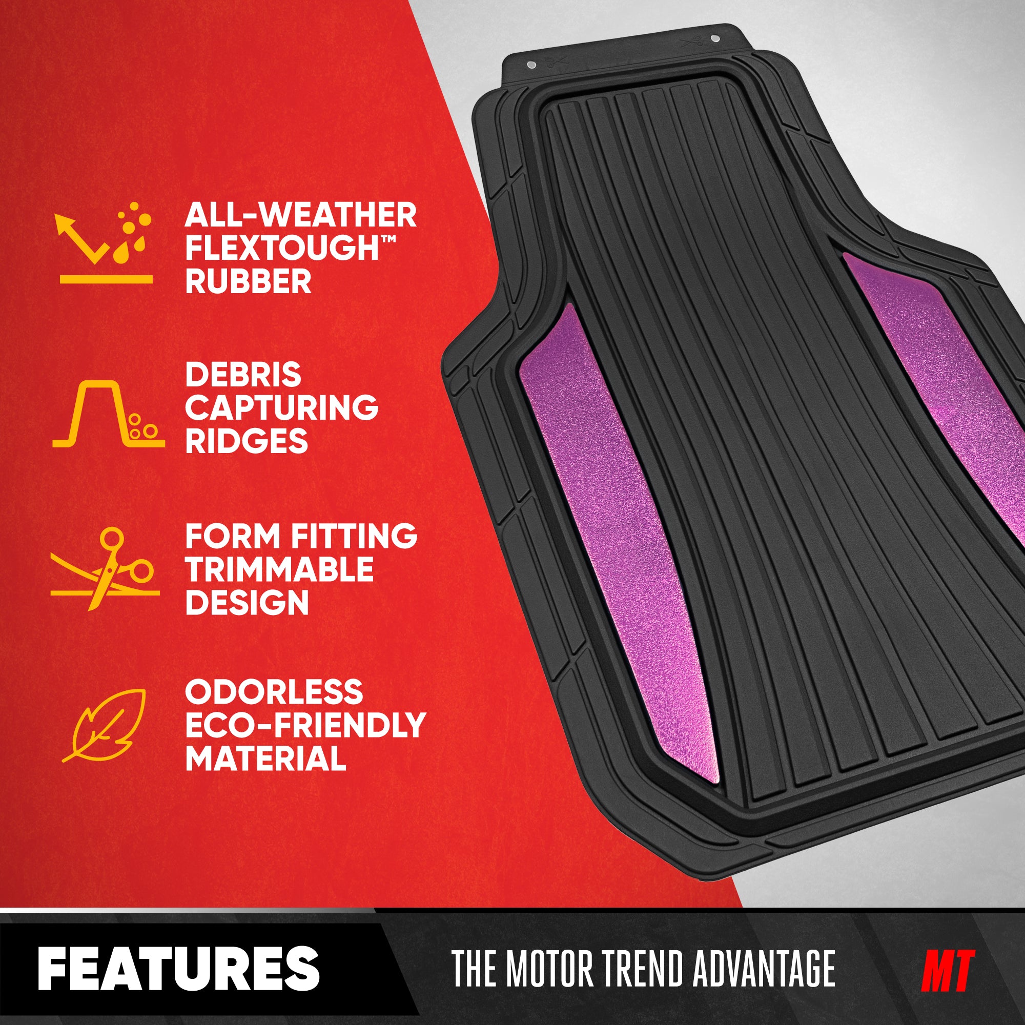 Motor Trend ChromeTech Car Floor Mats Full Set - Durable Rubber Floor Mats for Cars with Two Tone Accent, All Weather Interior Protection for Front and Rear with Non-Slip Backing, Black & Pink