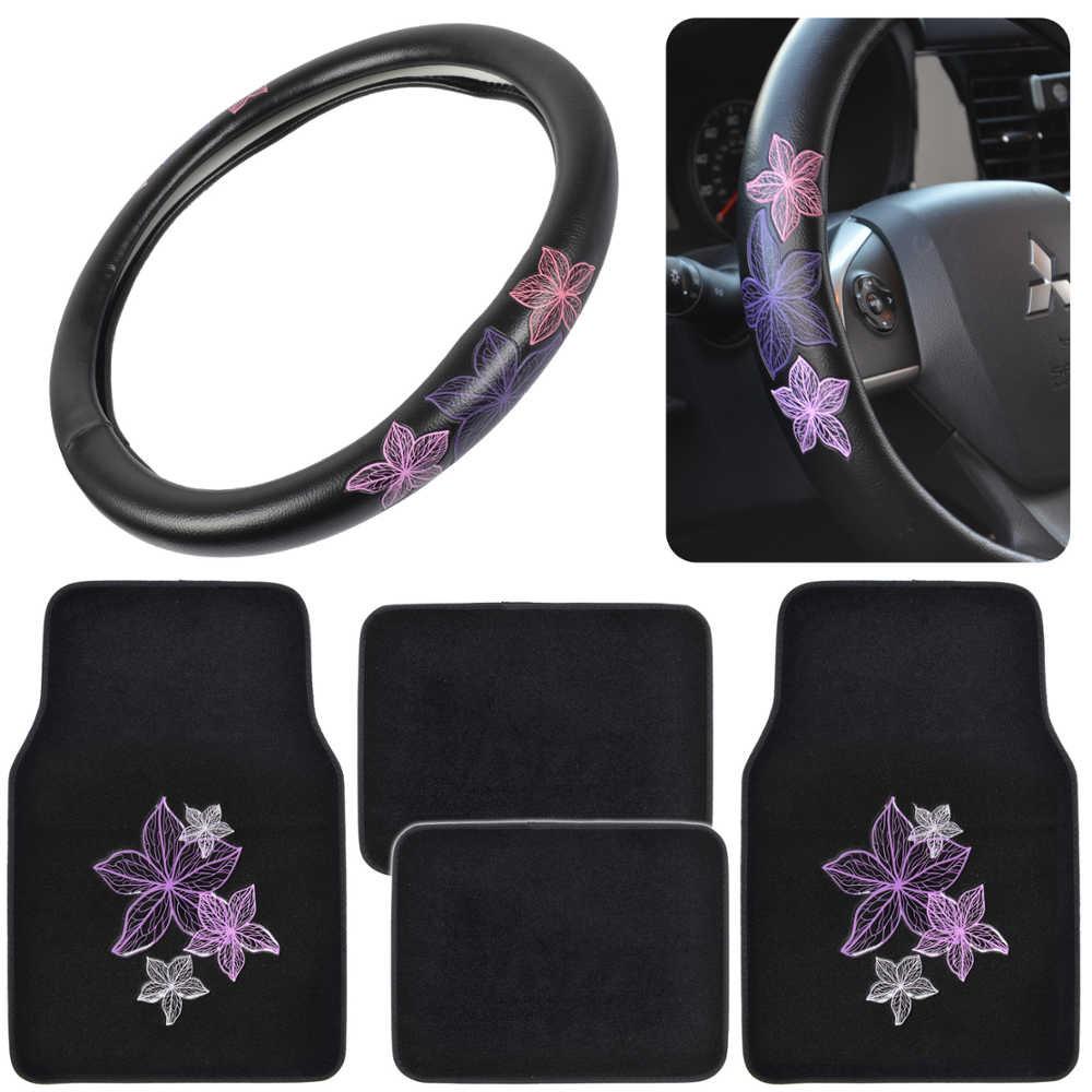 BDK 5-Piece Purple & White Flowers Front Floor Mats, Rear Floor Mats, and Steering Wheel Cover (Fits 14.5" - 15.5")