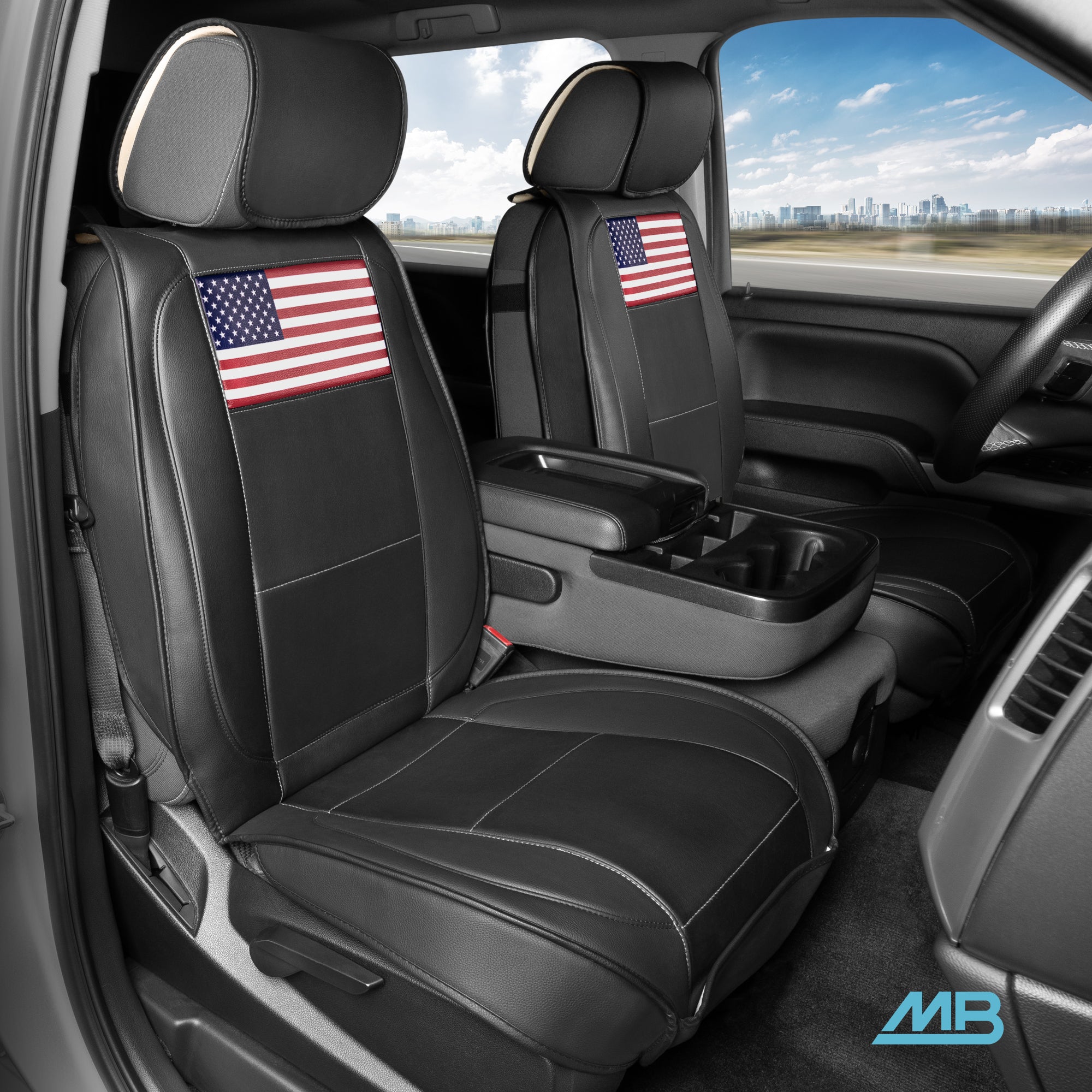 MotorBox Patriot Edition Faux Leather Black Seat Covers for Car – Red/White/Blue US Flag on Cushioned Seat Protectors for Automotive Accessories, Trucks, SUV, Car – Two Front Covers