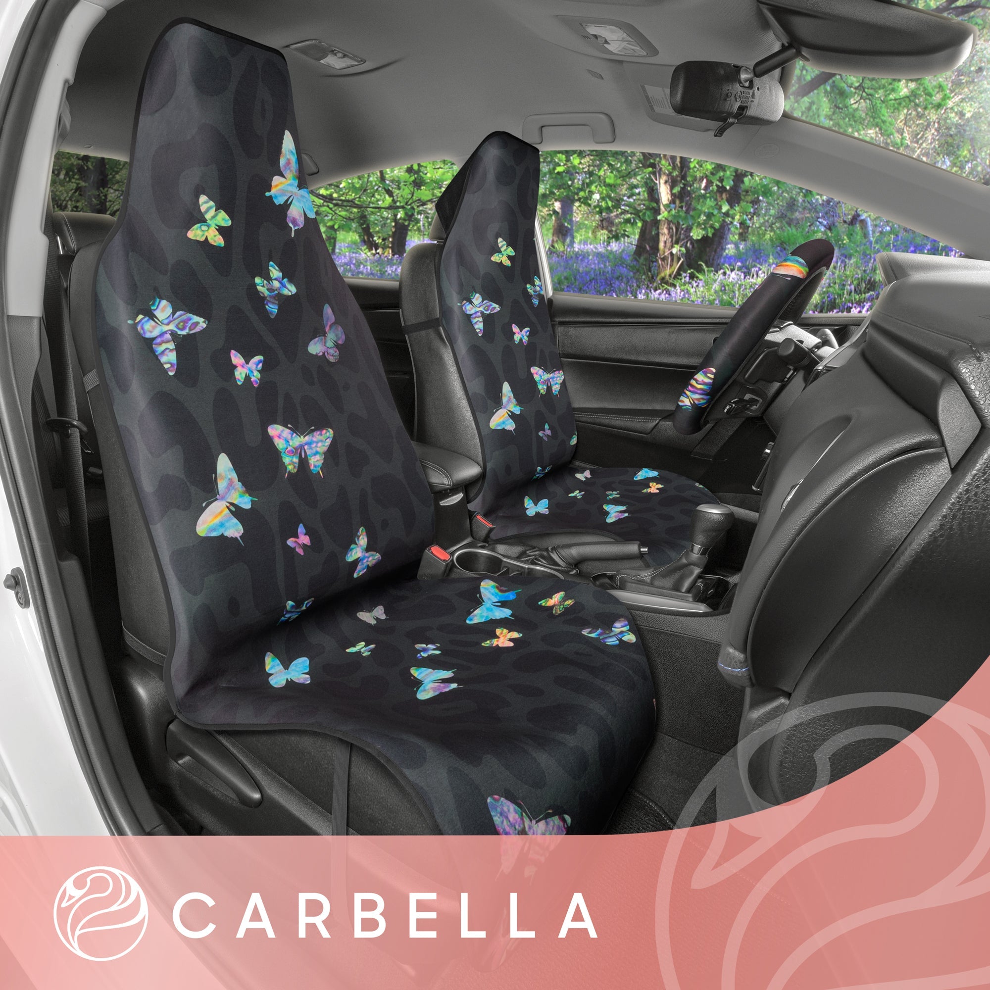 Carbella 2-Pack Colorful Butterflies with Black Leopard Background Front Seat Covers