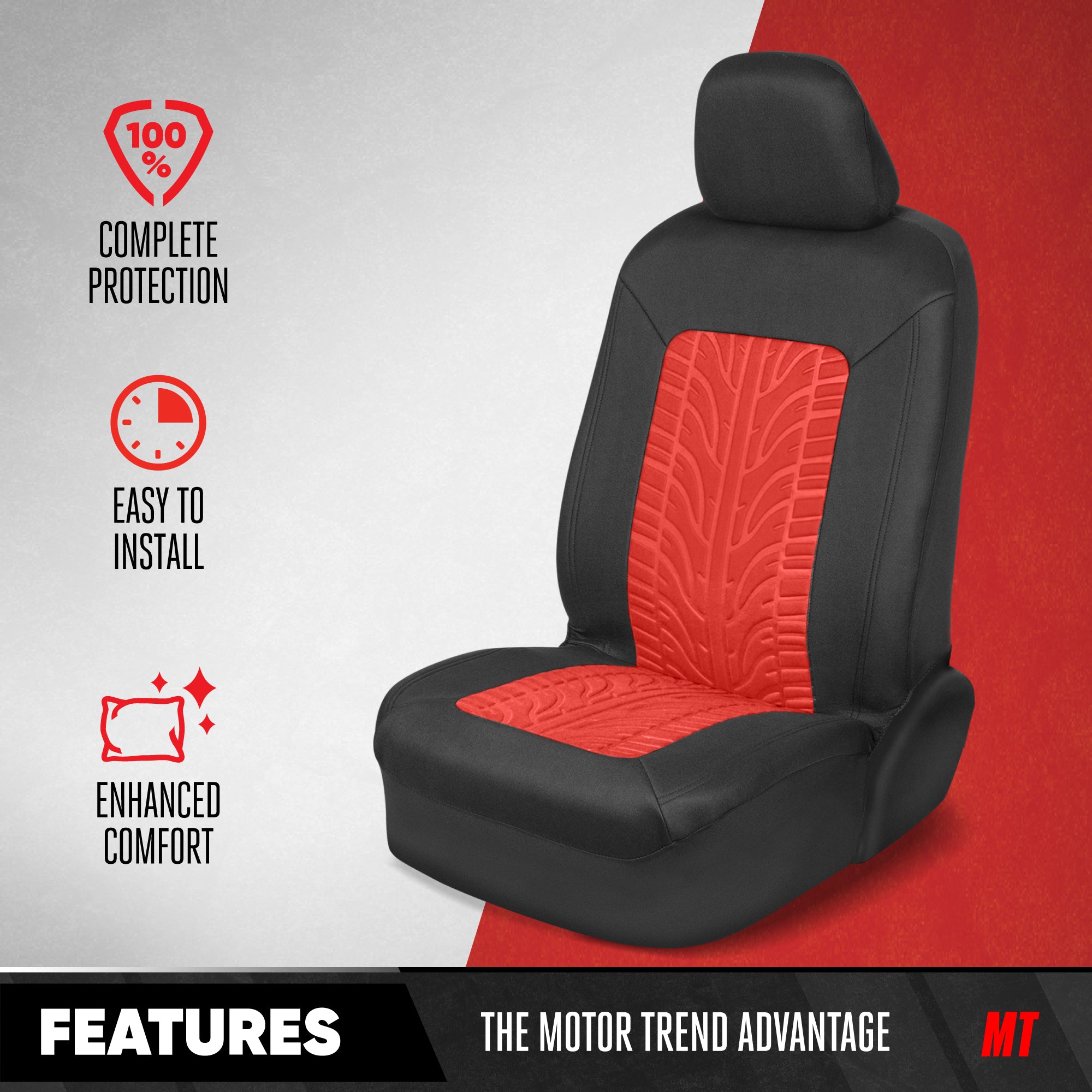 MotorTrend GrandPrix Tire Embossed Front Seat Covers and Rear Seat Covers - Red