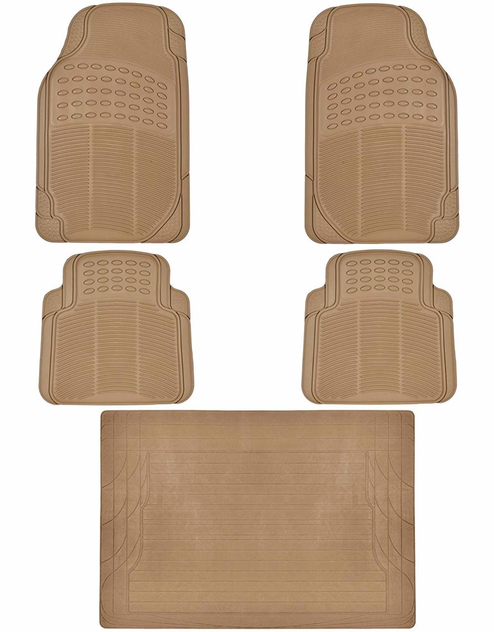 BDK 5-Piece Cushioned Grip Pad Front Floor Mats, Rear Floor Mats, and Cargo Liner  - Heavy Duty, All Weather, Trim to Fit - Beige