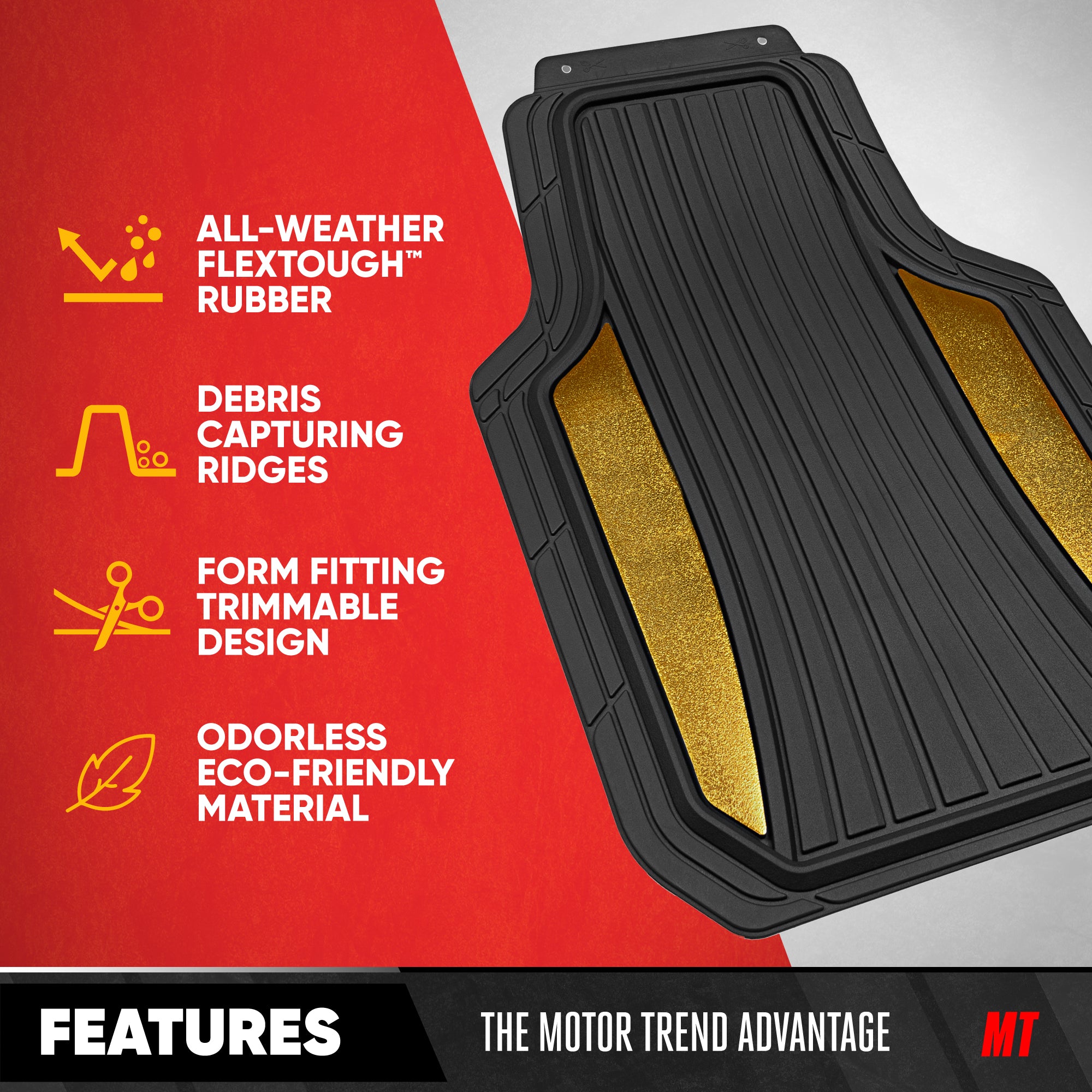 Motor Trend ChromeTech Car Floor Mats Full Set - Durable Rubber Floor Mats for Cars with Two Tone Accent, All Weather Interior Protection for Front and Rear with Non-Slip Backing, Black/Gold