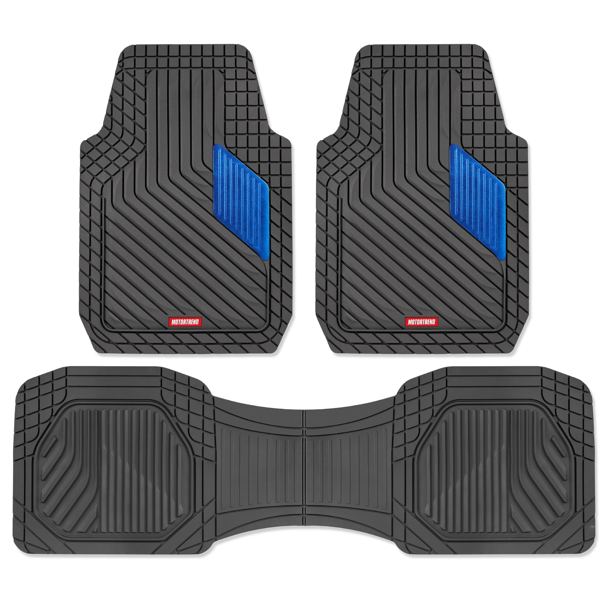 Motor Trend MetallicGuard Car Floor Mats Full Set - Durable Rubber Floor Mats with Blue Metallic Heel Pad, All-Weather Interior Protection for Front and Rear with Non-Slip Backing