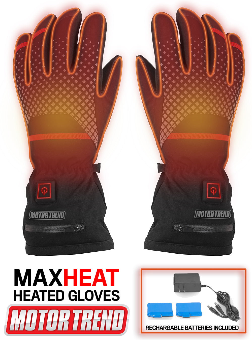 MotorTrend Max-Heat Thermal Insultated Heated Gloves - Rechargeable Hand Warmers with 3 Temperature Settings (M) - Medium