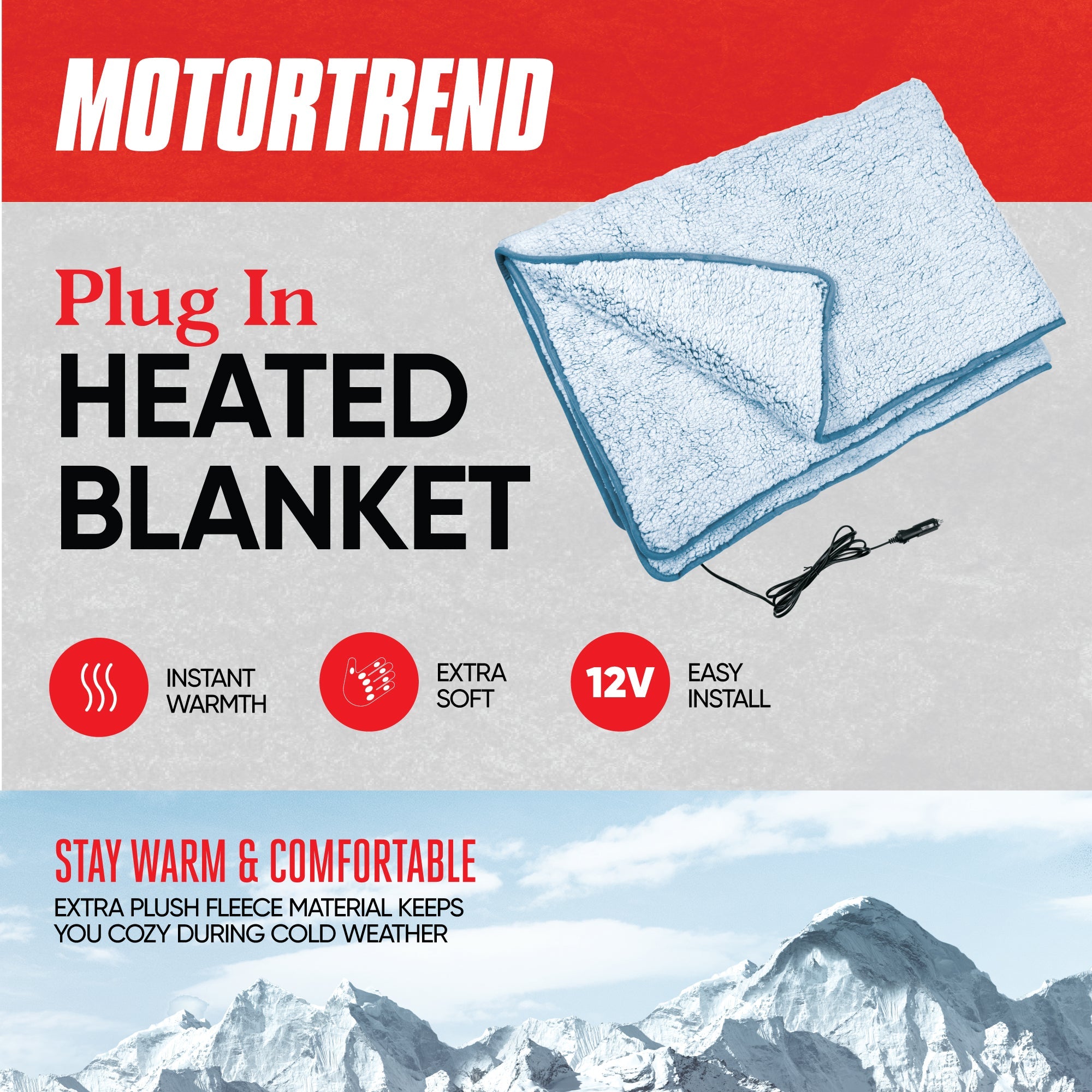 MotorTrend 12v Heated Plush Fleece Blanket for Cars, SUVs, Trucks, Vans, with 9v plug (58" x 42") - Gray