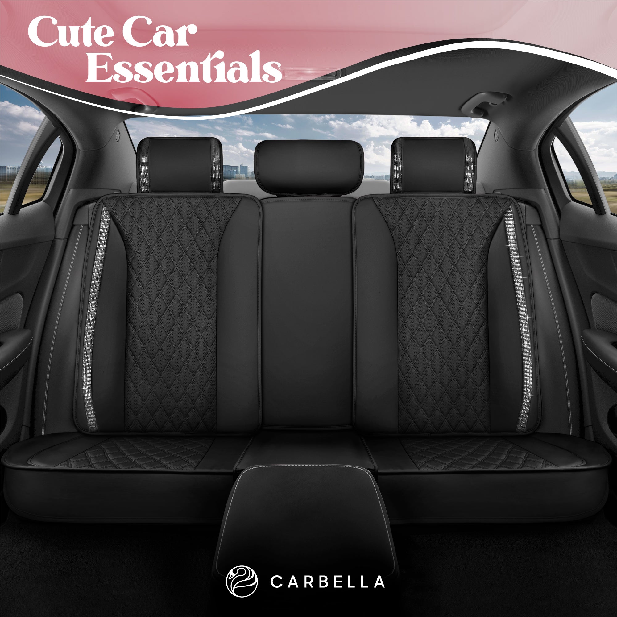 Carbella 7-Piece BlingStitch Rear Seat Covers - Clear Crystals