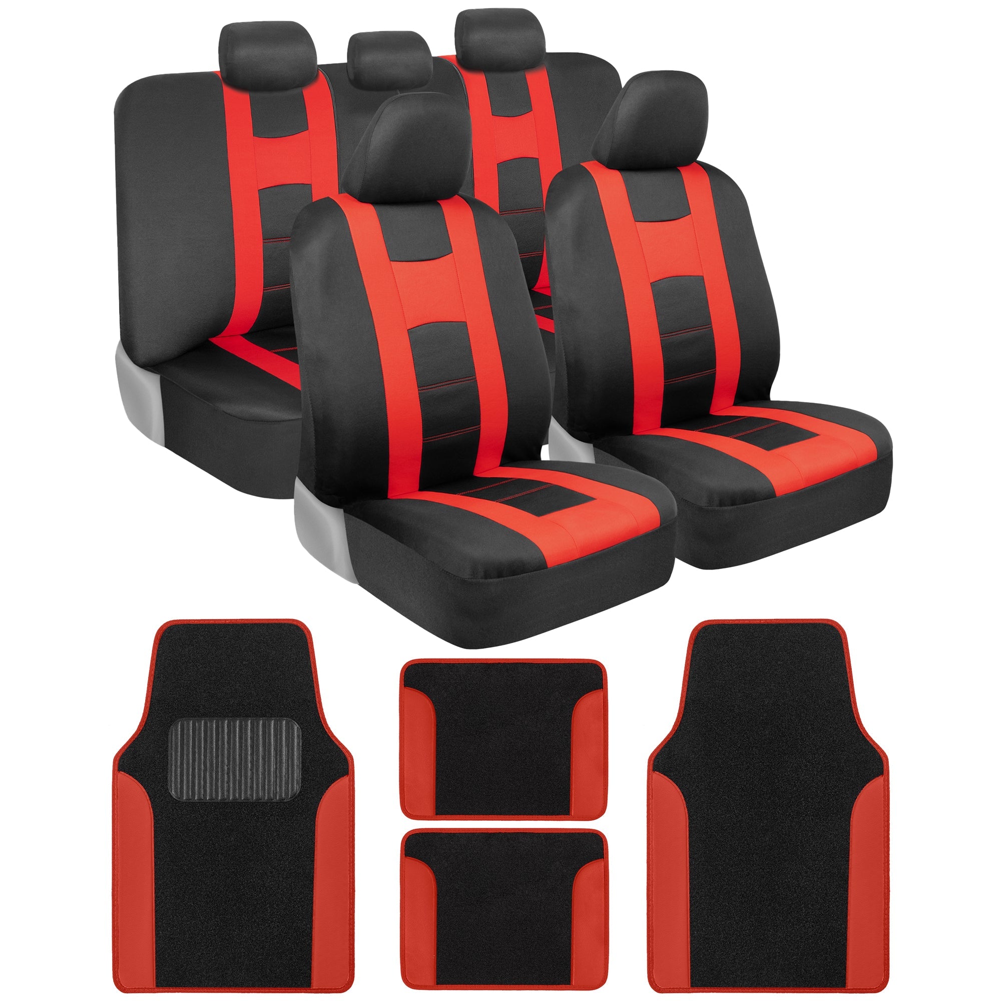 BDK 13-Piece Forza Series Front Seat Covers, Rear Seat Covers, Front Floor Mats, and Rear Floor Mats - Red