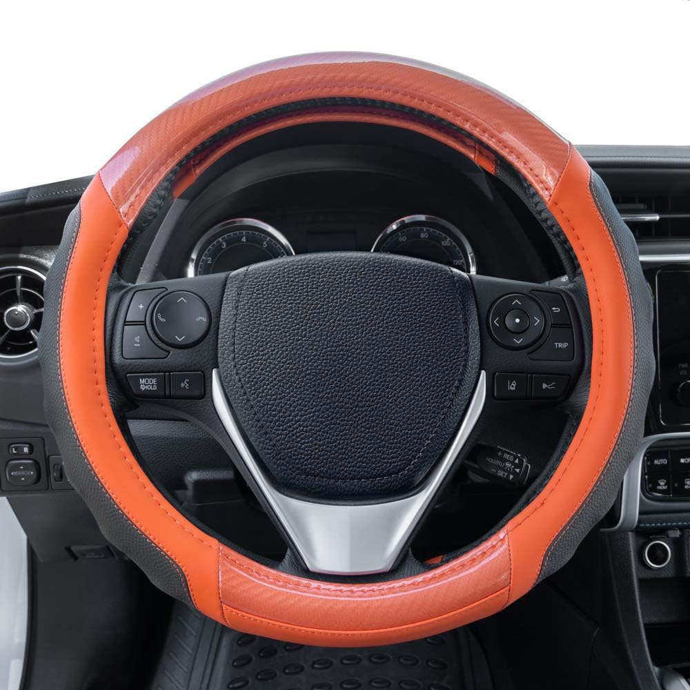 Motor Trend UltraSport Carbon Fiber Steering Wheel Cover, Standard 15 inch Size, Black Faux Leather Comfort Grip, Car Steering Wheel Cover for Auto Truck Van SUV (Multiple Colors)