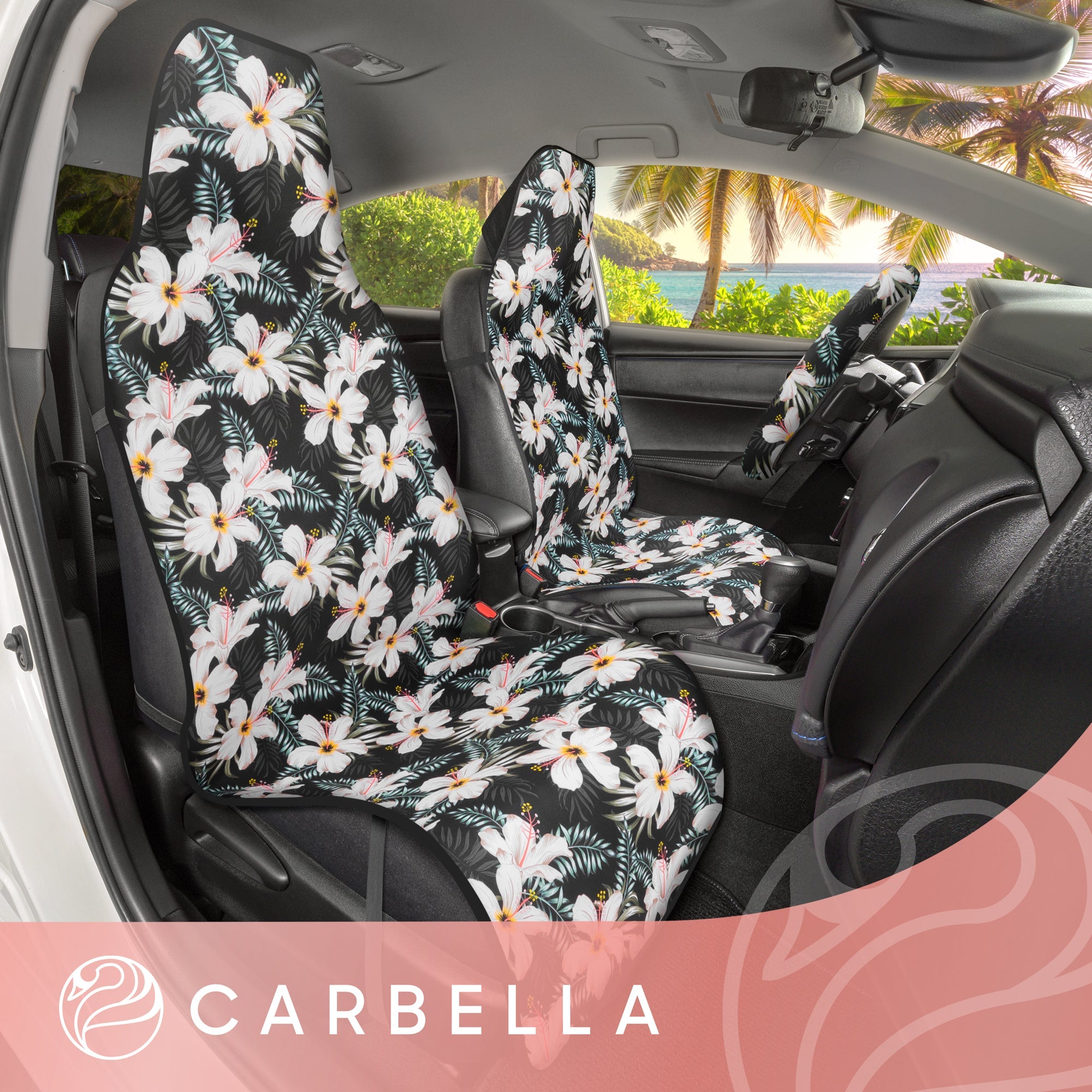 Carbella 3-Piece Tropical Flowers Front Seat Covers and Steering Wheel Cover (Fits 14.5" - 15.5")