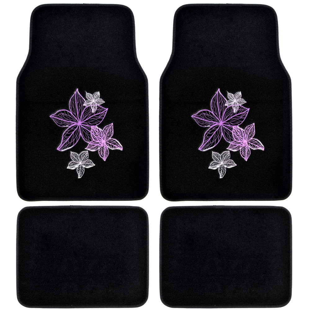 BDK 5-Piece Purple & White Flowers Front Floor Mats, Rear Floor Mats, and Steering Wheel Cover (Fits 14.5" - 15.5")