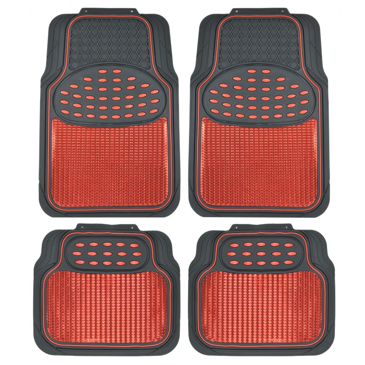 BDK 4-Piece Centered Cushioned Grip Pad Front Floors Mats and Rear Floor Mats - Heavy Duty, All Weather, Trim to Fit - Red