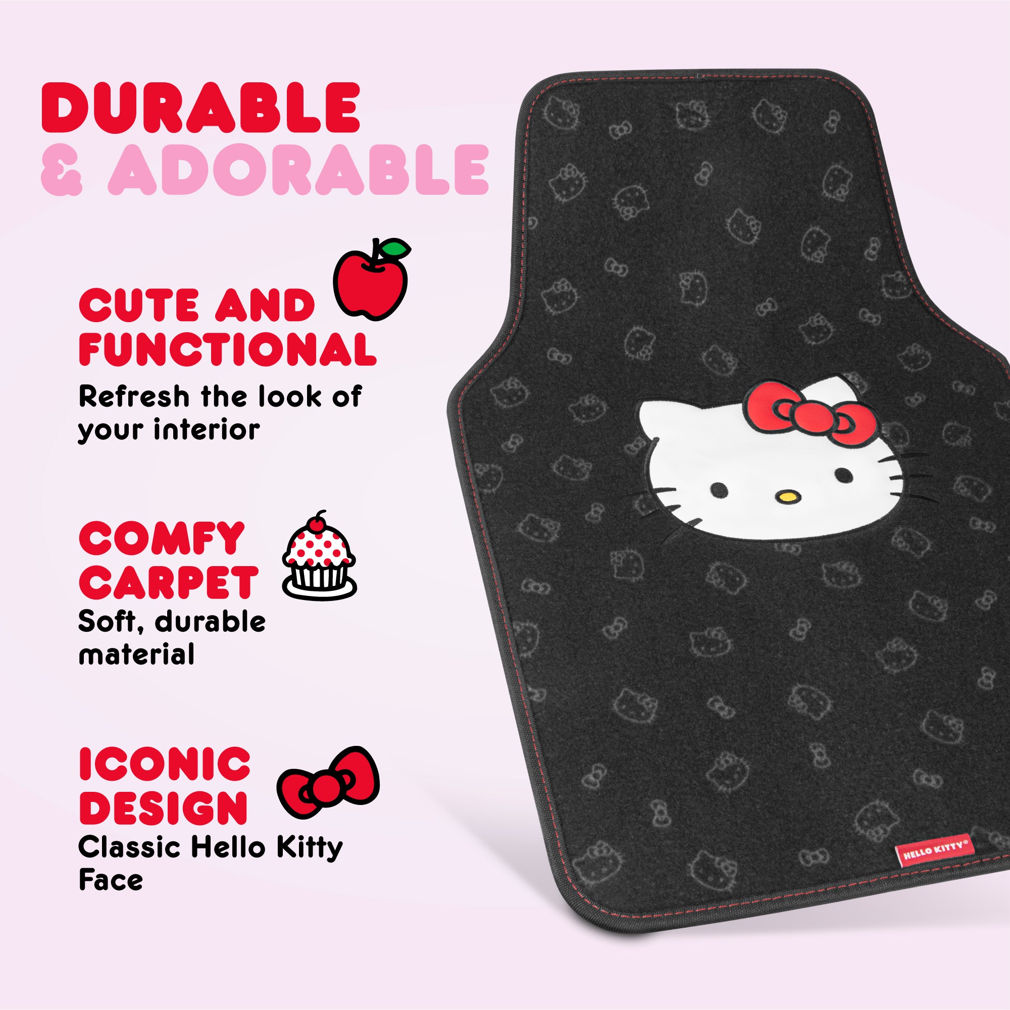 Hello Kitty Carpet Car Floor Mats - Universal Fit for Cars, SUVs & Trucks - Black with Red Bow & Hello Kitty Print - Front & Rear Set, 4 Piece Car Accessories