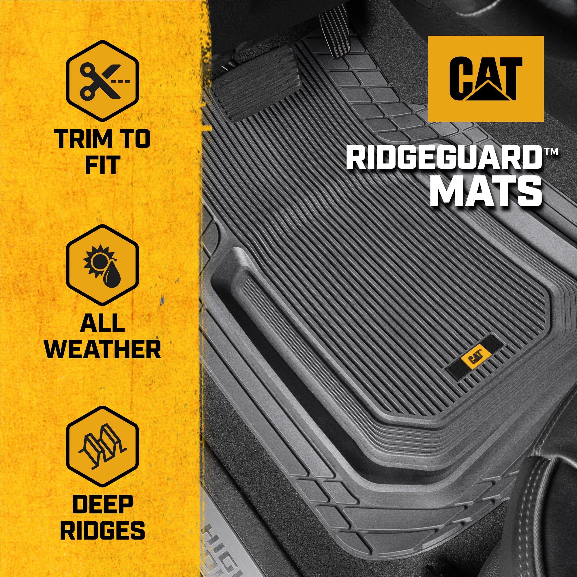 Cat® TerrainGuard™ Heavy-Duty 3-Piece All-Weather Rubber Floor Mats for Car, Truck, SUV, Van - Trim-to-Fit Deep Dish Automotive Floor Liners, Maximum Dirt & Water Protection, Universal Fit, Gray