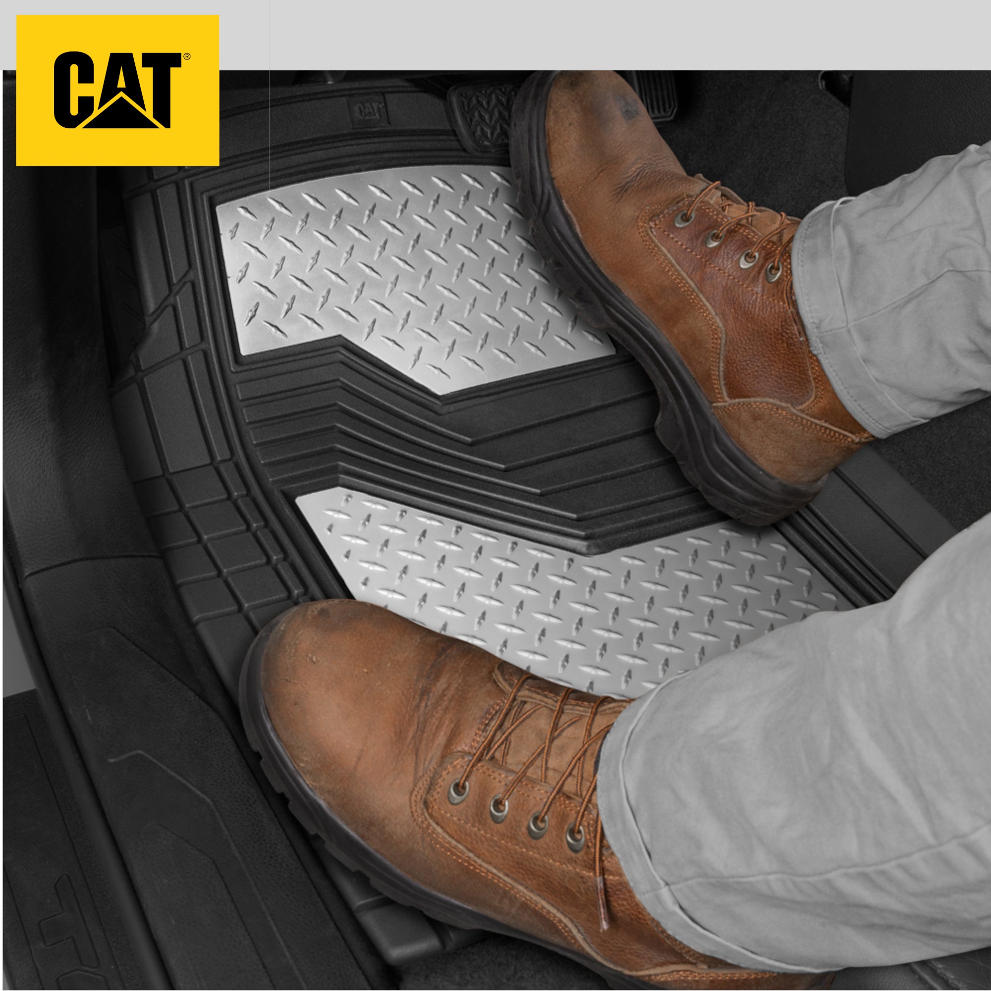 CAT 4-Piece Two-Tone Metallic-Look Front Floor Mats and Rear Floor Mats - Heavy Duty, All Weather, Trim to Fit