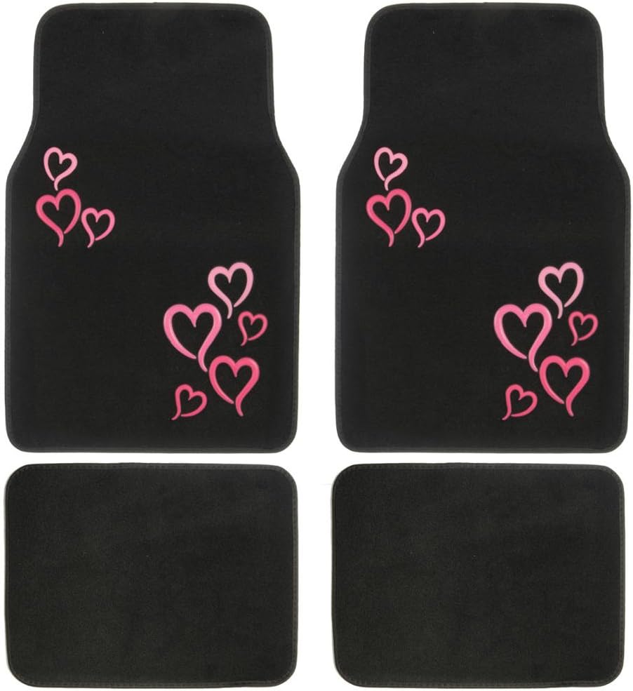 BDK Design Patch Carpet Front Floor Mats and Rear Floor Mats - Pink Hearts