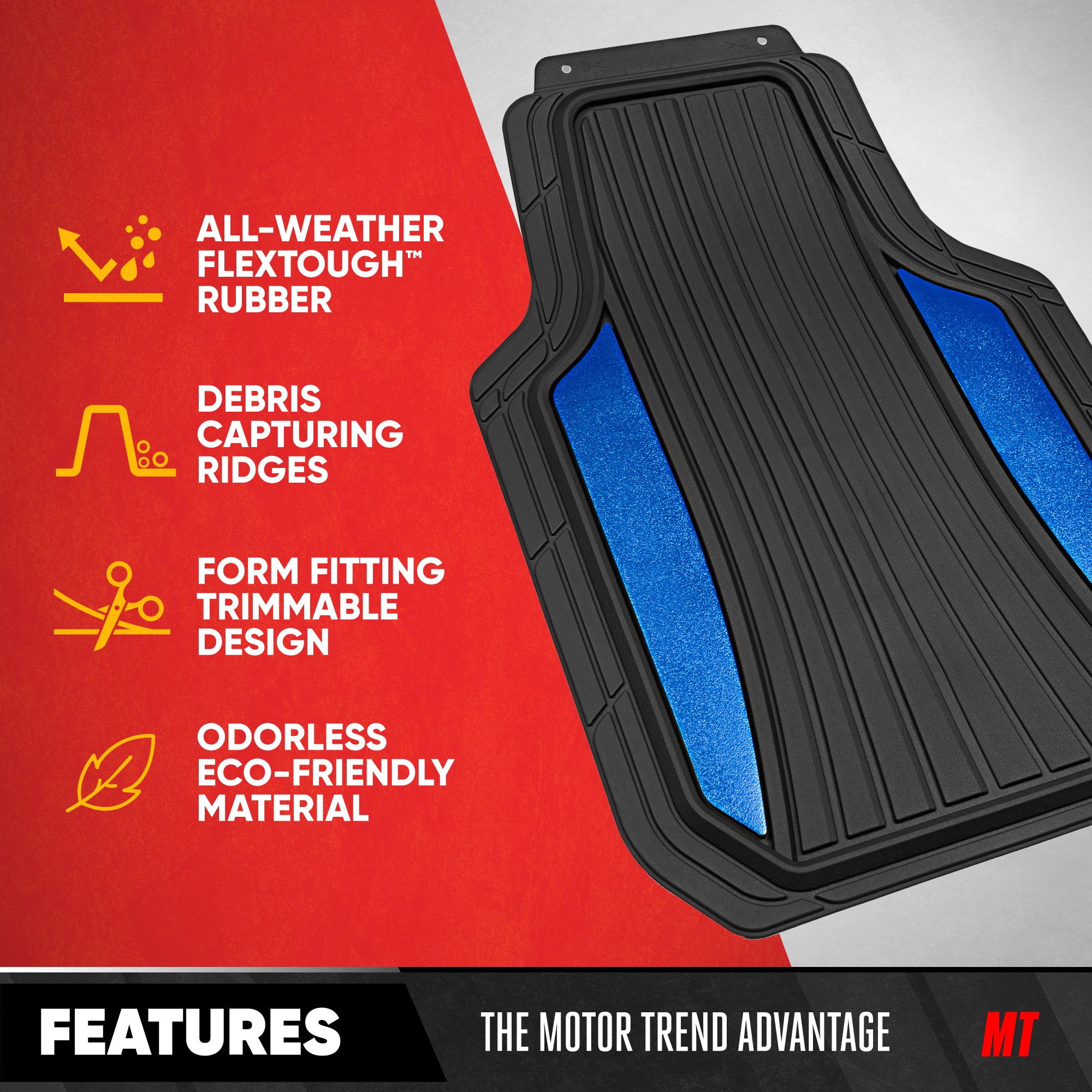 Motor Trend ChromeTech Car Floor Mats Full Set - Durable Rubber Floor Mats for Cars with Two Tone Accent, All Weather Interior Protection for Front and Rear with Non-Slip Backing, Black/Blue