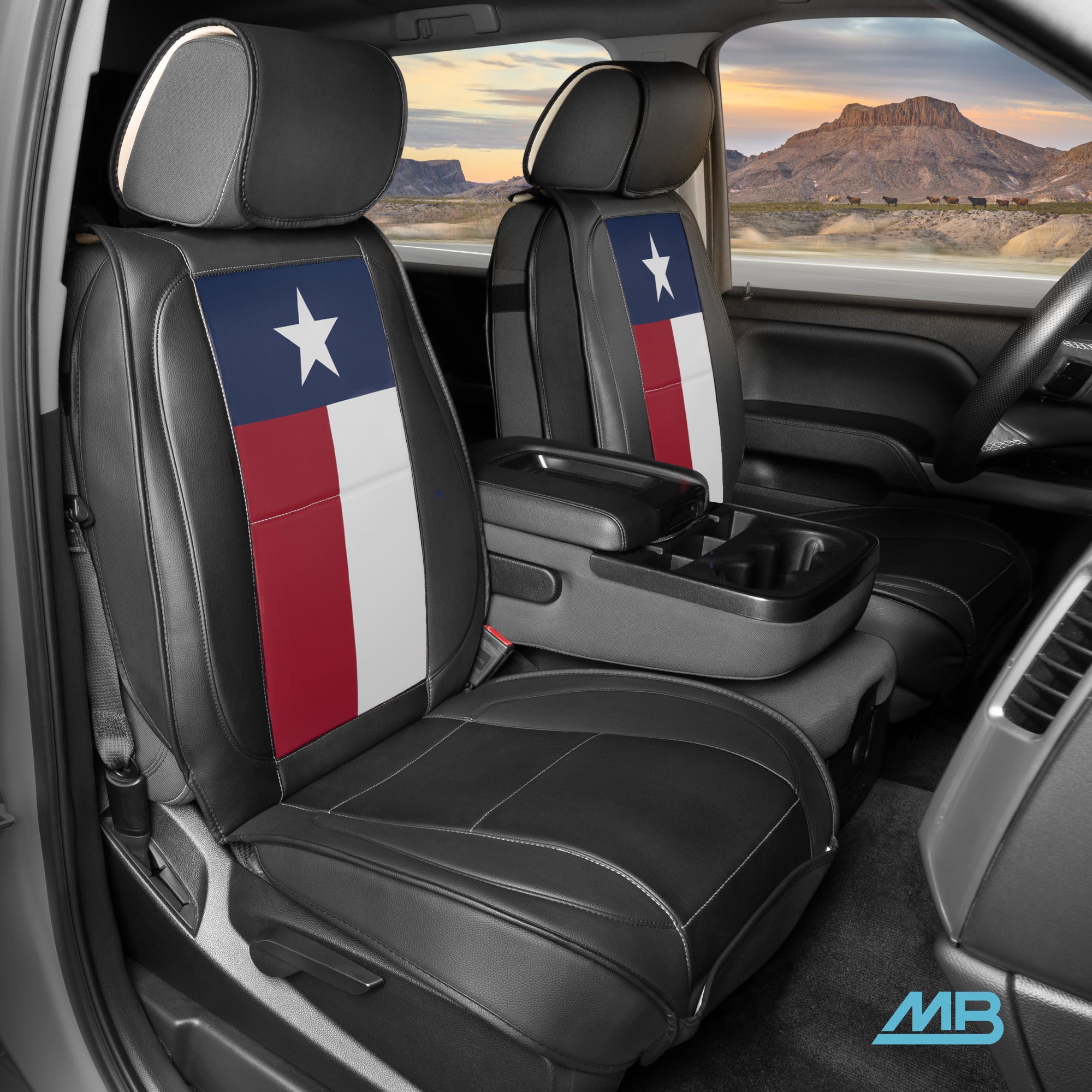 MotorBox Texas Edition Faux Leather Black & Flag Seat Covers for Car – Texas Flag on Cushioned Seat Protectors for Automotive Accessories, Trucks, SUV, Car – Two Front Covers