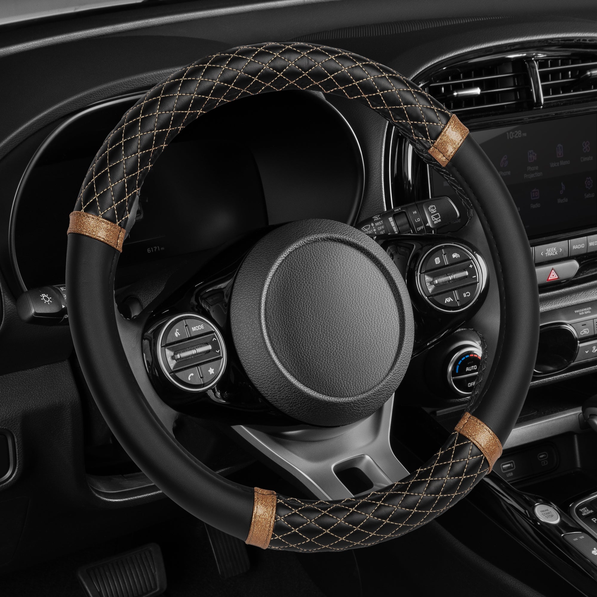 Carbella Bronze Quilted Steering Wheel Cover (Fits 14.5" - 15.5")