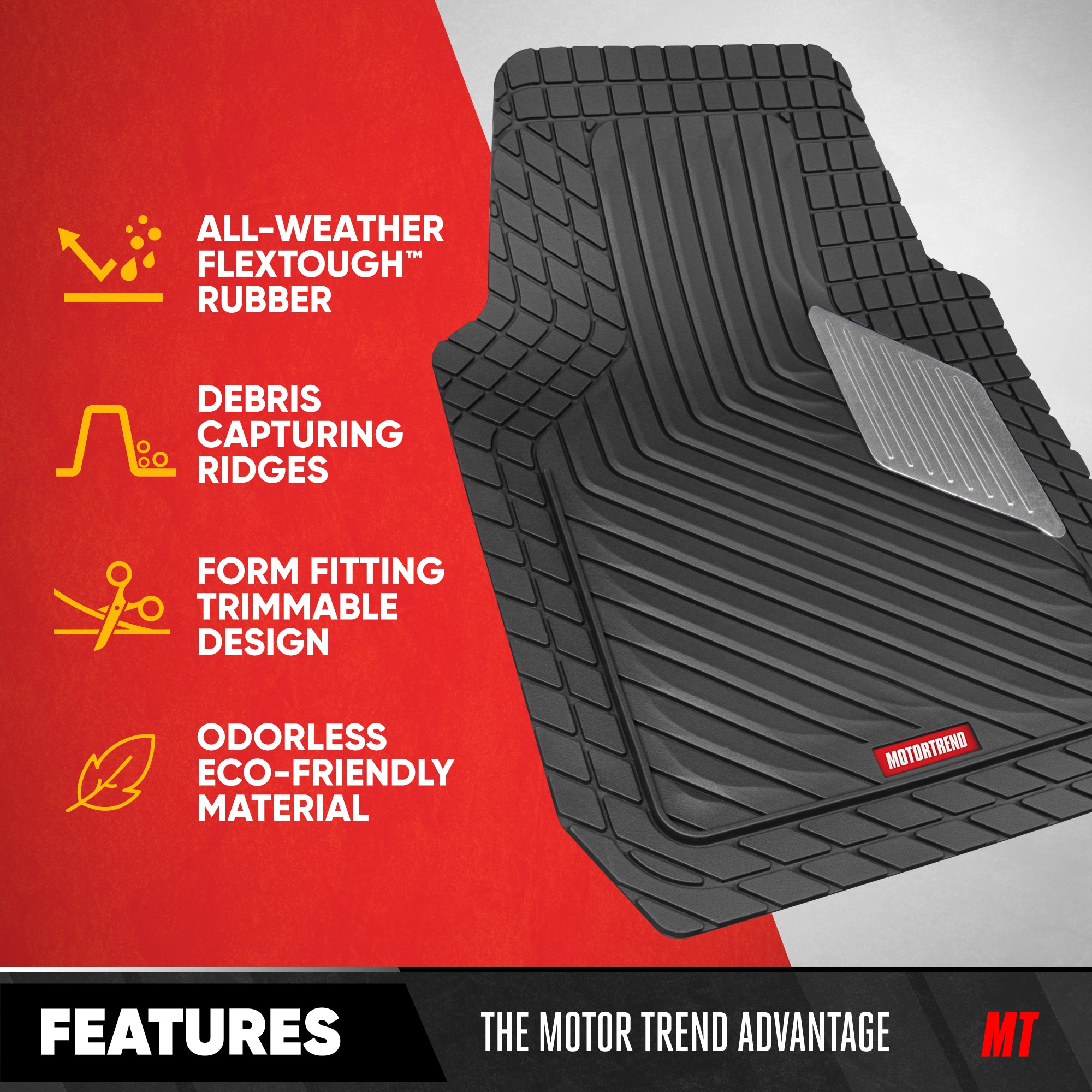 Motor Trend MetallicGuard Car Floor Mats Full Set - Durable Rubber Floor Mats with Silver Metallic Heel Pad, All-Weather Interior Protection for Front and Rear with Non-Slip Backing --Alias 638721182349977102