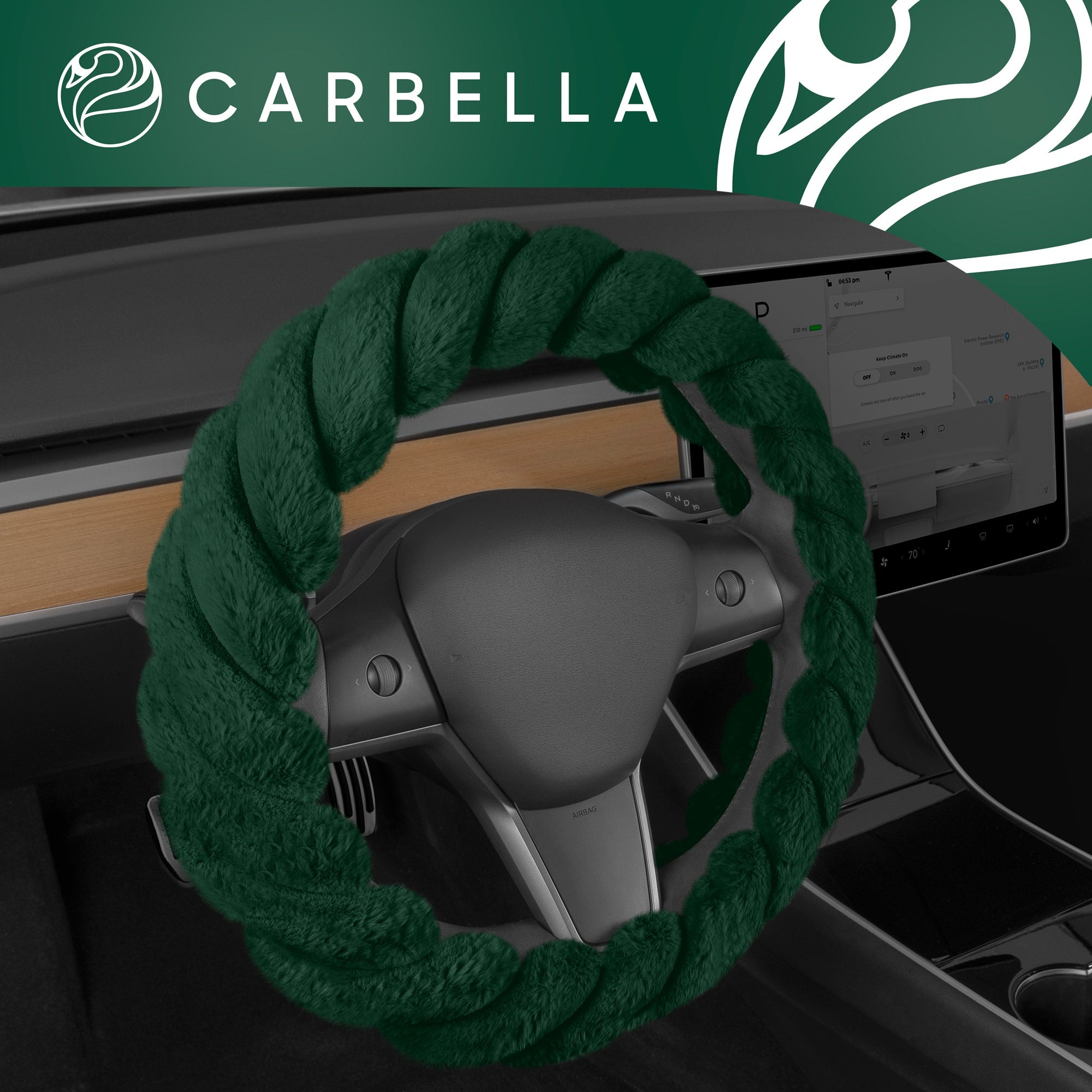 Carbella Twisted Plush Fur Steering Wheel Cover (Fits 14.5" - 15.5") - Green