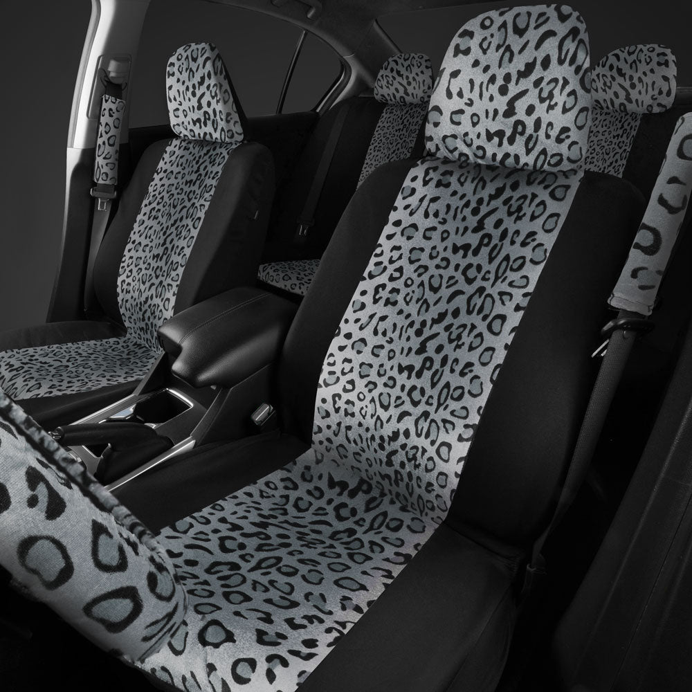 BDK 12-Piece Silver Leopard Front Seat Covers, Rear Seat Covers, Seat Belt Pads, and Steering Wheel Cover (Fits 14.5" - 15.5")