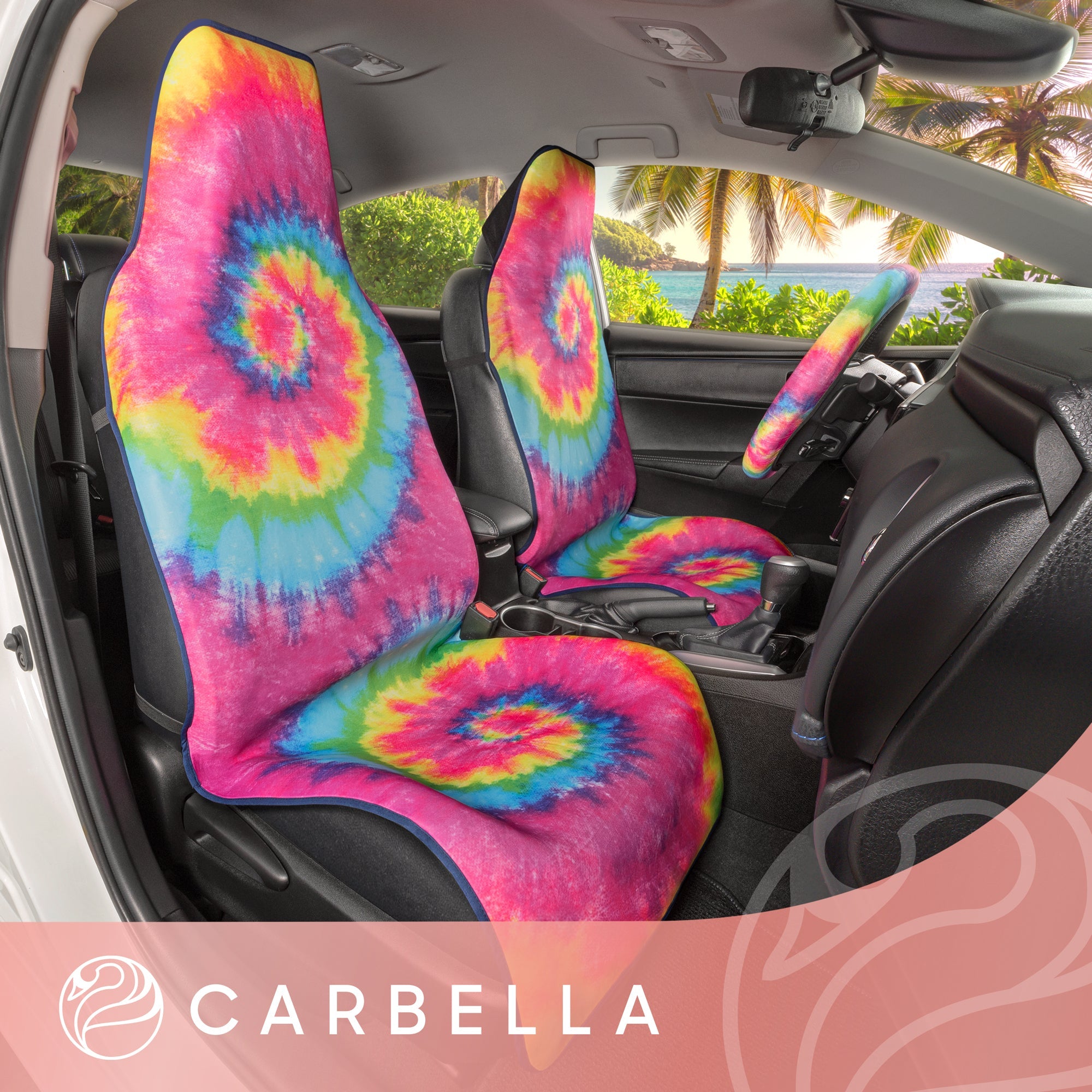 Carbella 3-Piece Tie-Dye Front Seat Covers and Steering Wheel Cover (Fits 14.5" - 15.5")