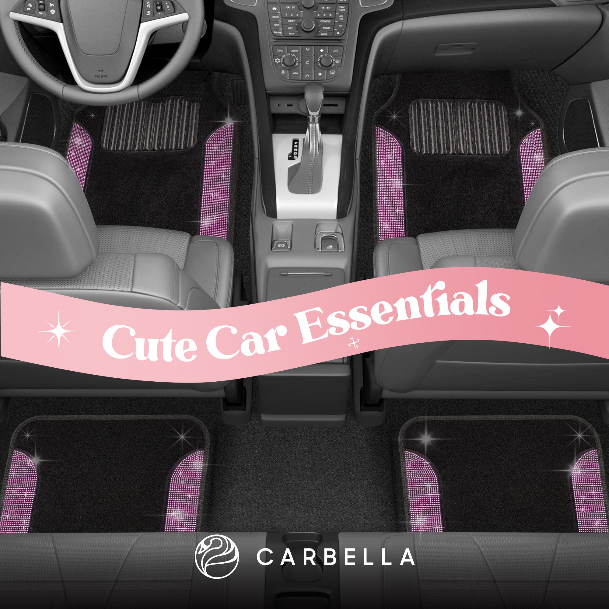 Carbella 4-Piece Diamond Bling Front Floor Mats and Rear Floor Mats - Light Pink