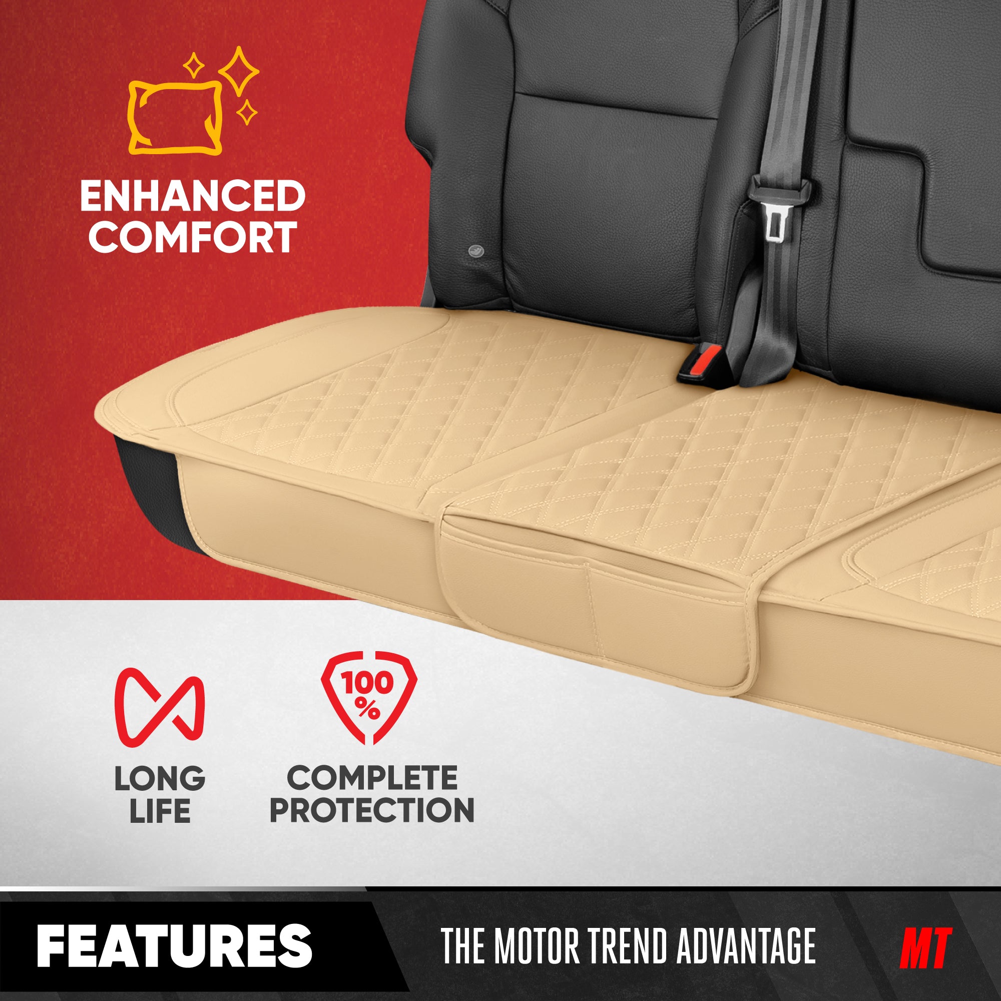 MotorTrend 3-Piece Diamond Stitched Padded Rear Seat Covers with Storage Pockets - Beige