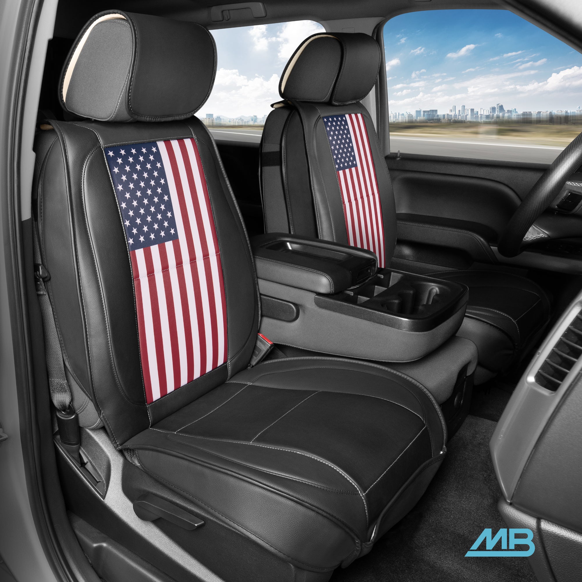 MotorBox Patriot Edition Faux Leather Black & Flag Seat Covers for Car – Red/White/Blue US Flag on Cushioned Seat Protectors for Automotive Accessories, Trucks, SUV, Car – Two Front Covers