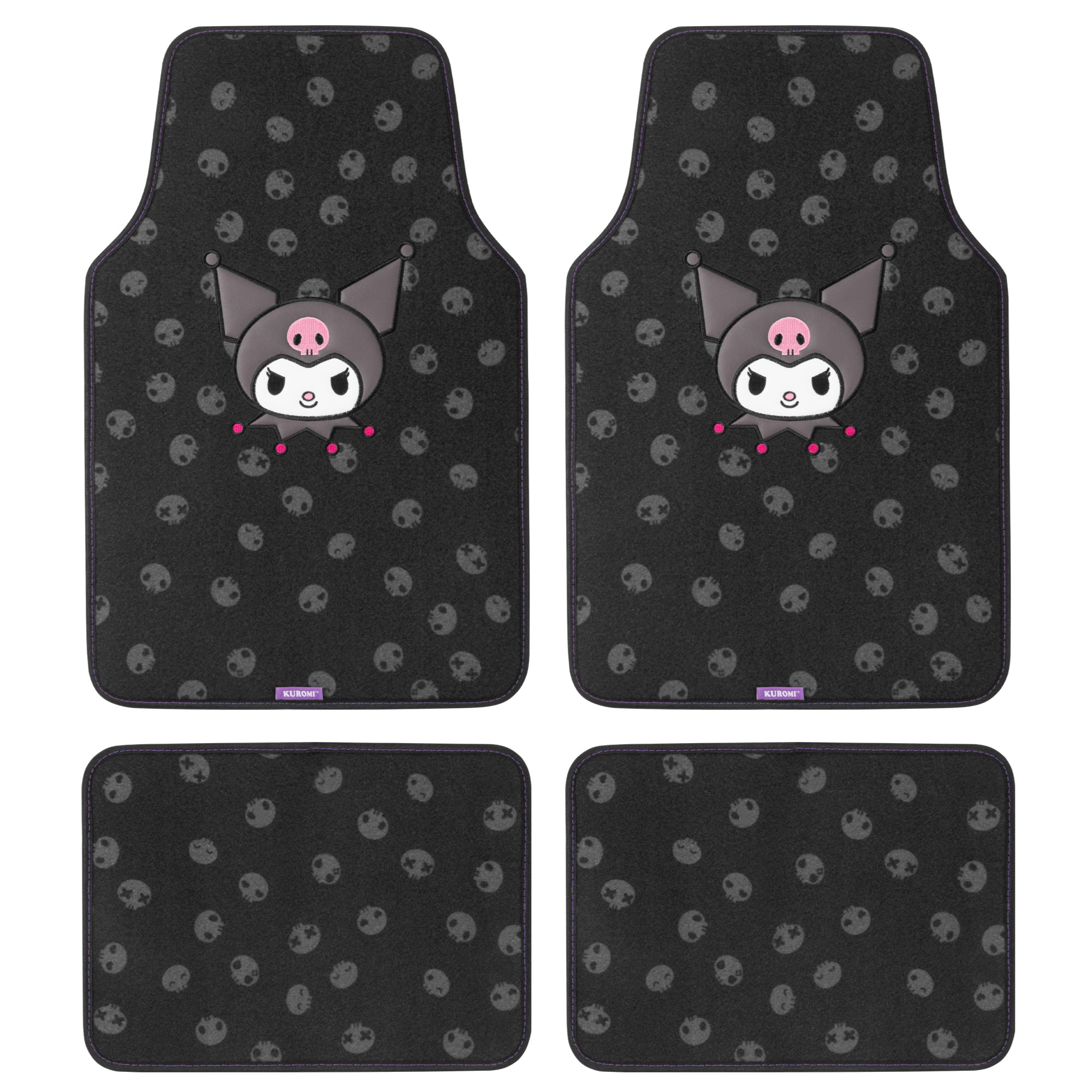 Kuromi Carpet Car Floor Mats - Universal Fit for Cars, SUVs & Trucks - Black with Kuromi Print & Purple, Pink Accents - Front & Rear Set, 4 Piece