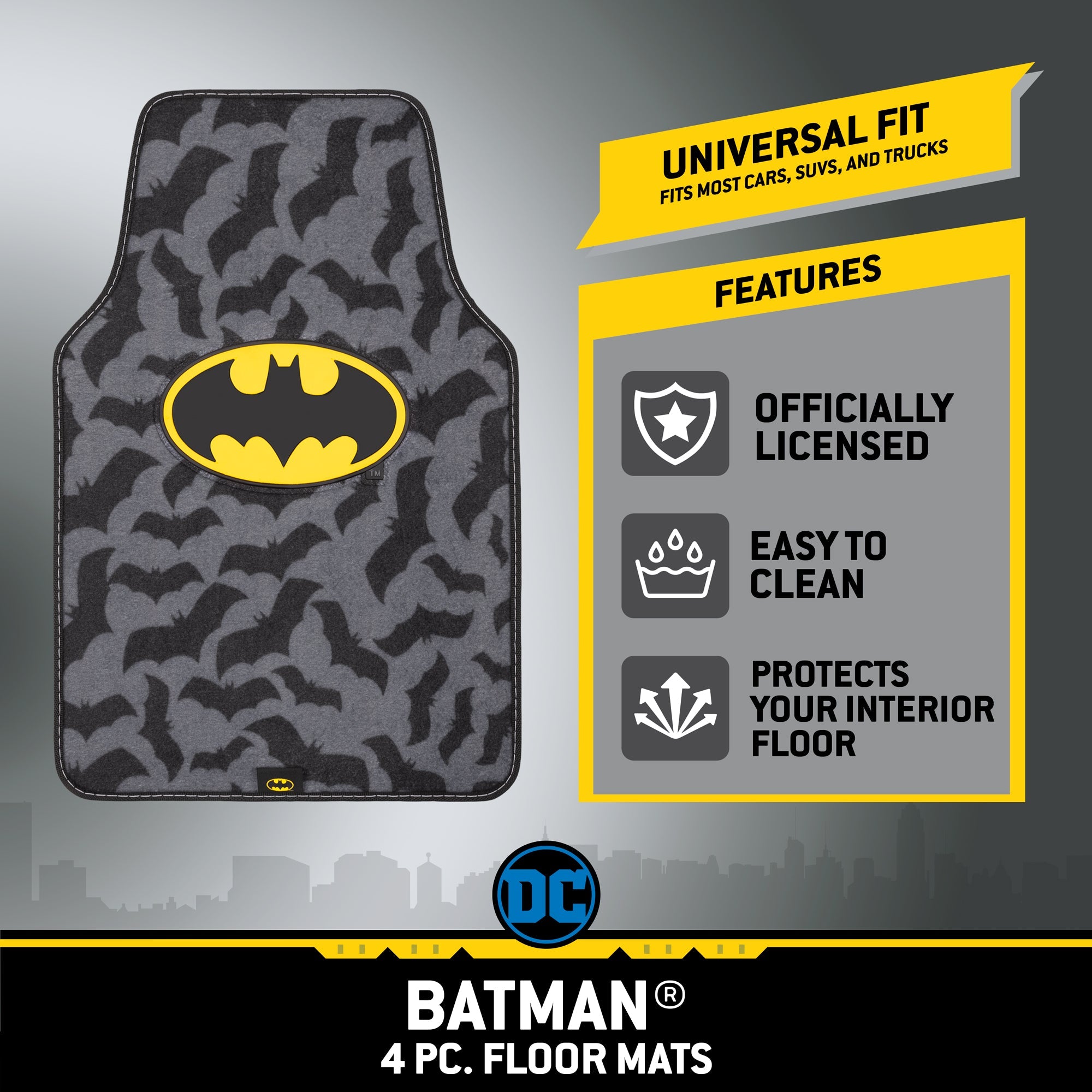 Warner Bros DC Comics 4-Piece Batman Logo with Bat Background Front Floor Mats