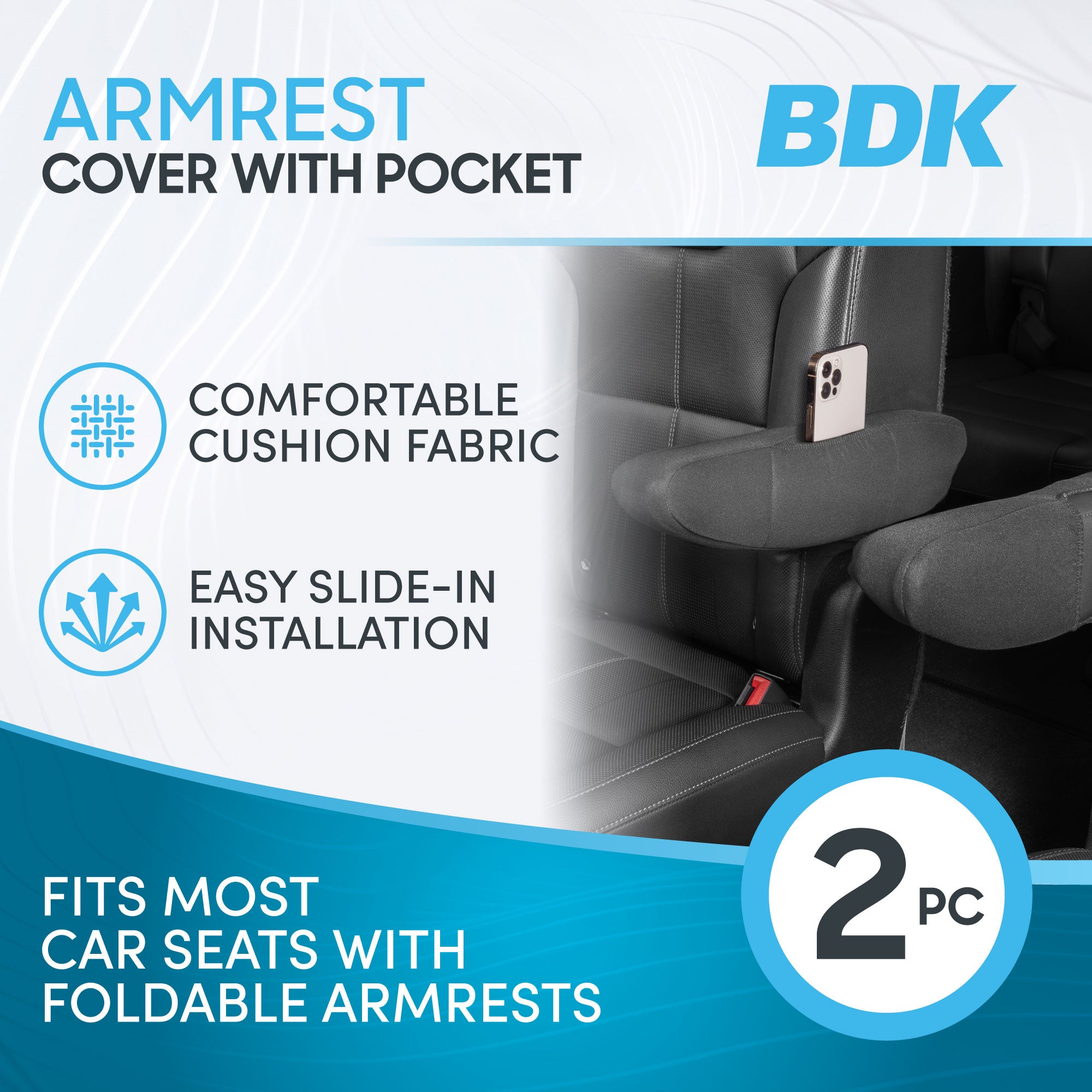 BDK 2-Pack PolyCloth Arm Rest Covers for Car Seats with Pockets