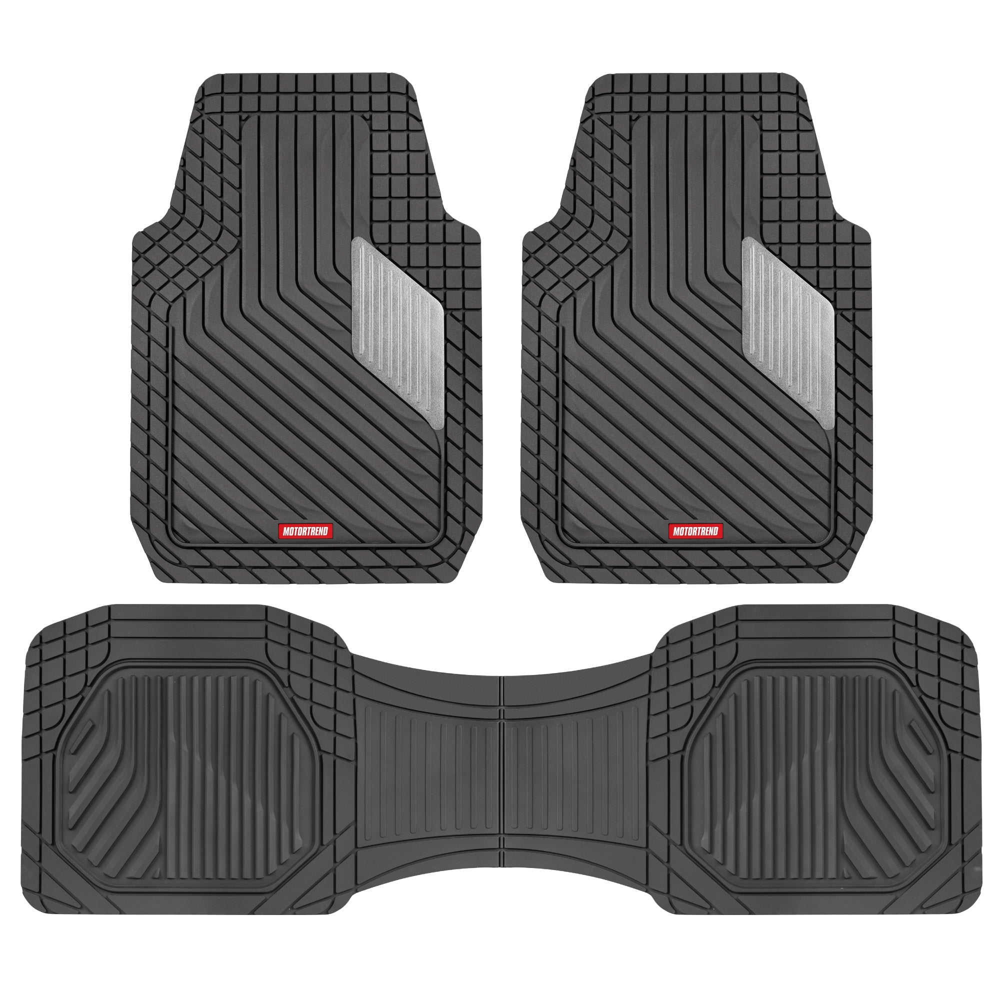 Motor Trend MetallicGuard Car Floor Mats Full Set - Durable Rubber Floor Mats with Silver Metallic Heel Pad, All-Weather Interior Protection for Front and Rear with Non-Slip Backing --Alias 638721182349977102