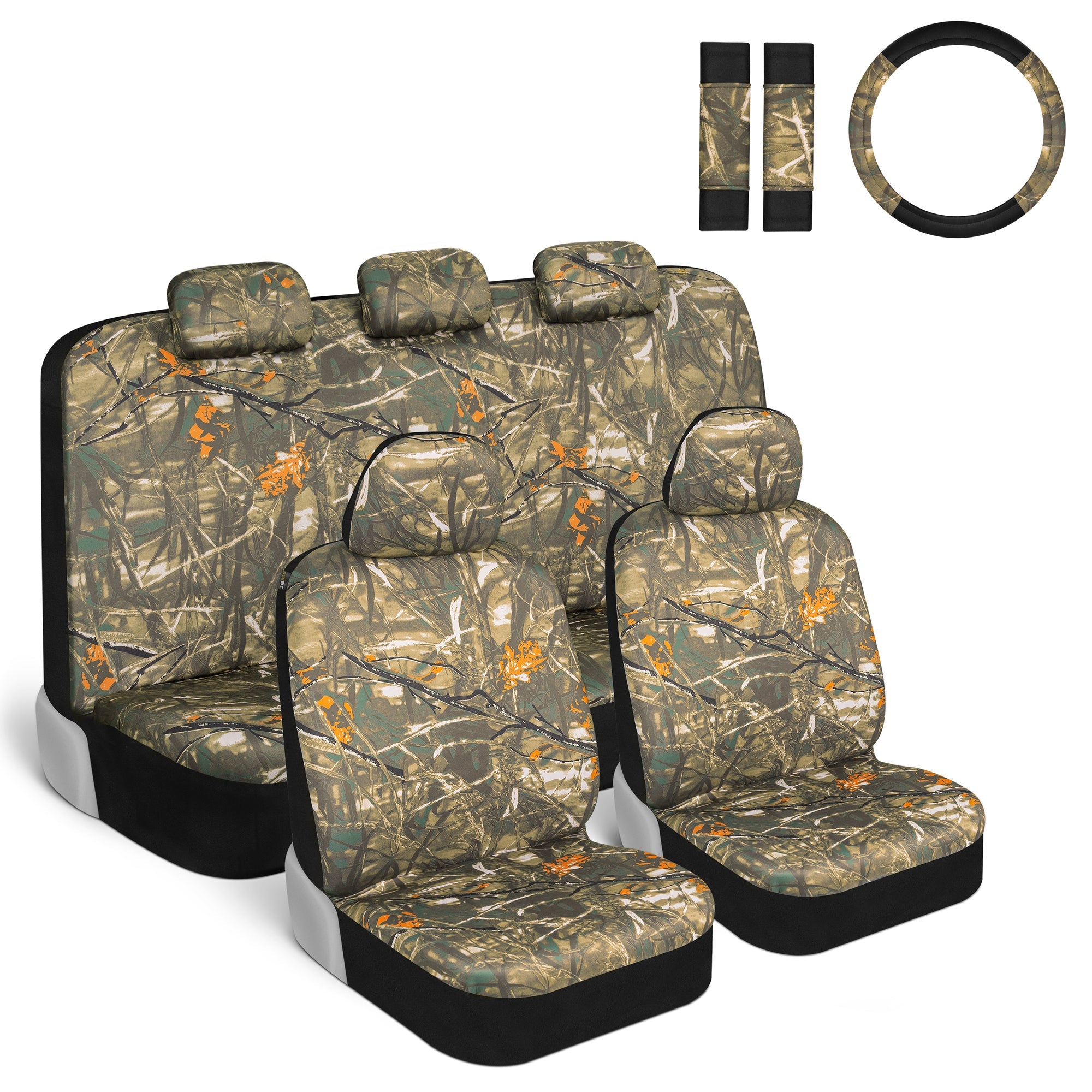 BDK 12-Piece Hunter Camo Front Seat Covers, Rear Seat Covers, Seat Belt Pads, and Steering Wheel Cover (Fits 14.5" - 15.5")