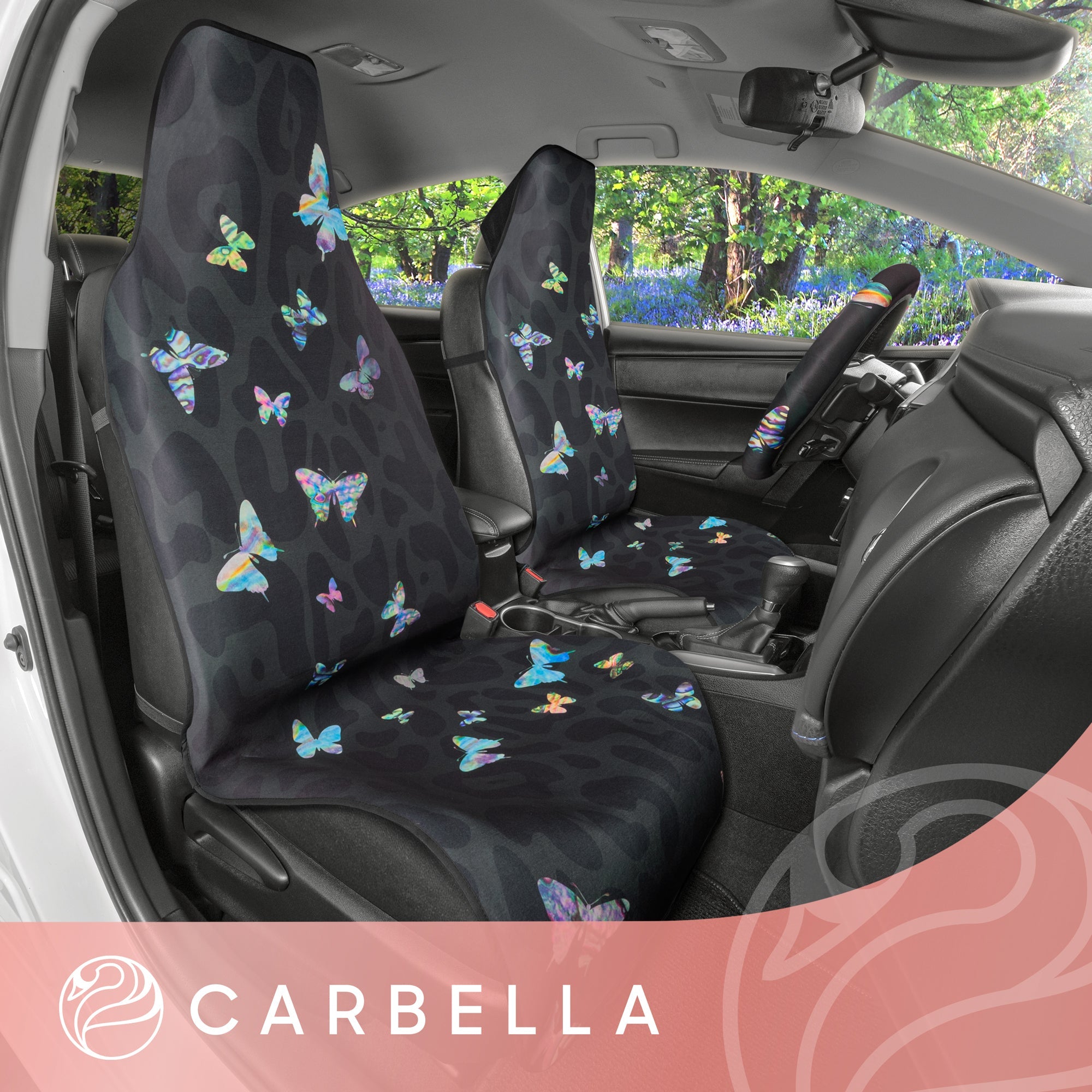 Carbella 3-Piece Colorful Butterflies with Black Leopard Background Front Seat Covers and Steering Wheel Cover (Fits 14.5" - 15.5")