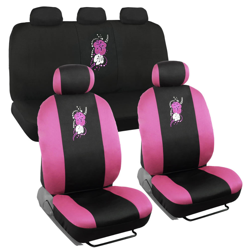 BDK 10-Piece Hawaiian Flower Front Seat Covers, Rear Seat Covers, and Seat Belt Pads - Pink