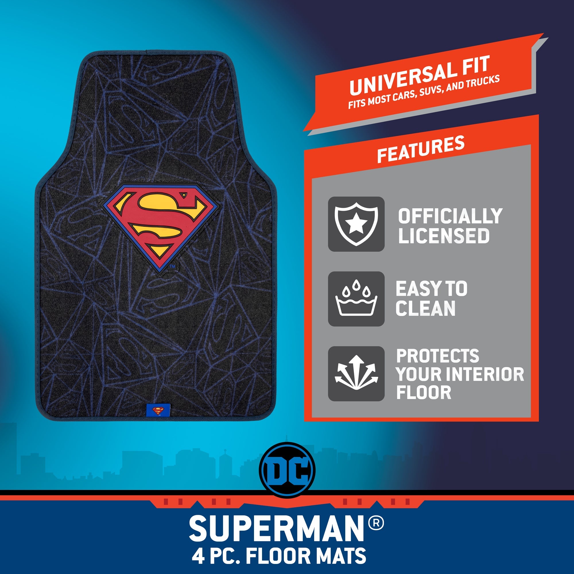 Warner Bros DC Comics 4-Piece Superman Logo Front Floor Mats and Rear Floor Mats