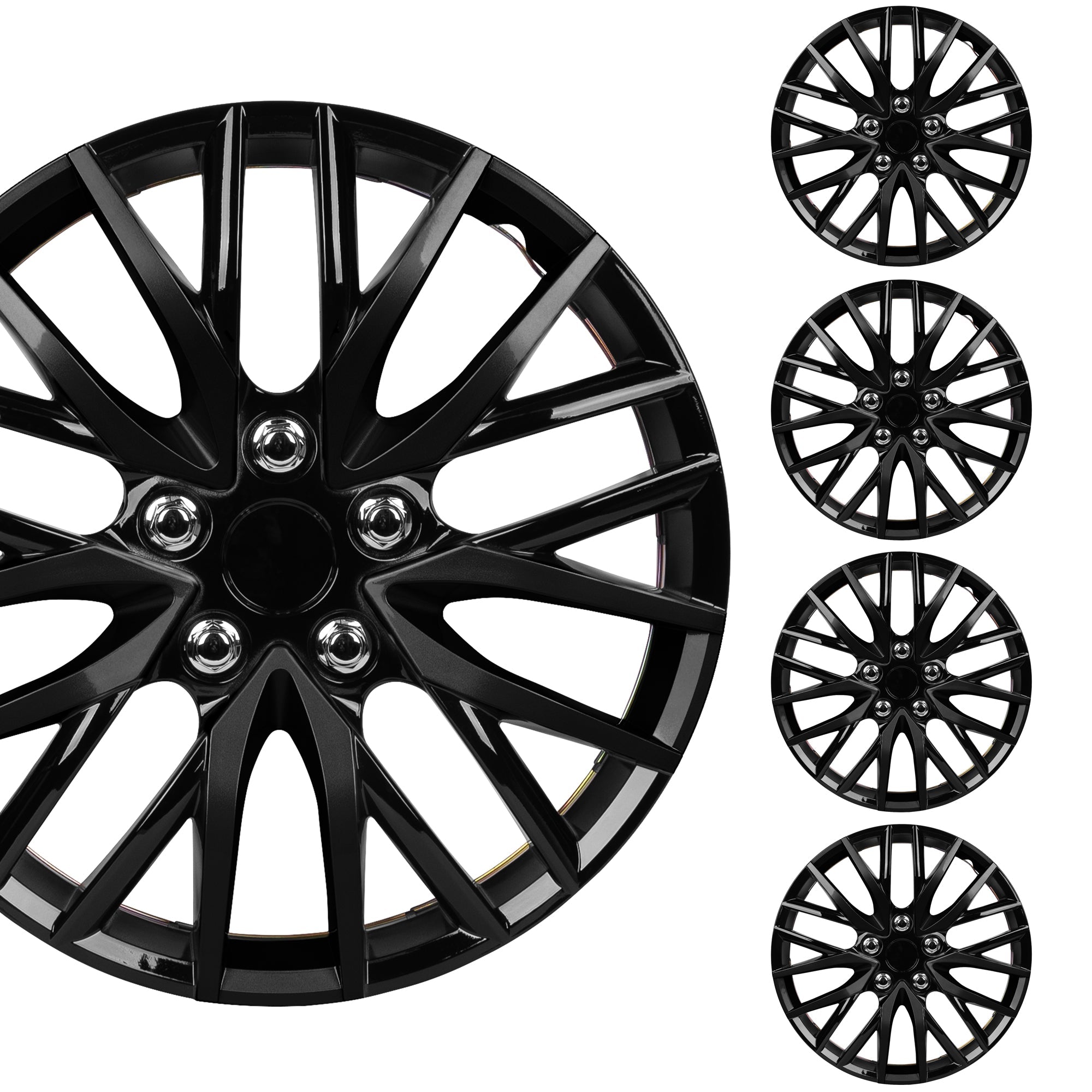 BDK 4-Pack Premium 16" Universal Fit Hubcap Covers for Wheels and Rims - Black Finish (Multi-spokes) - Replacement, Snap On, OEM Style