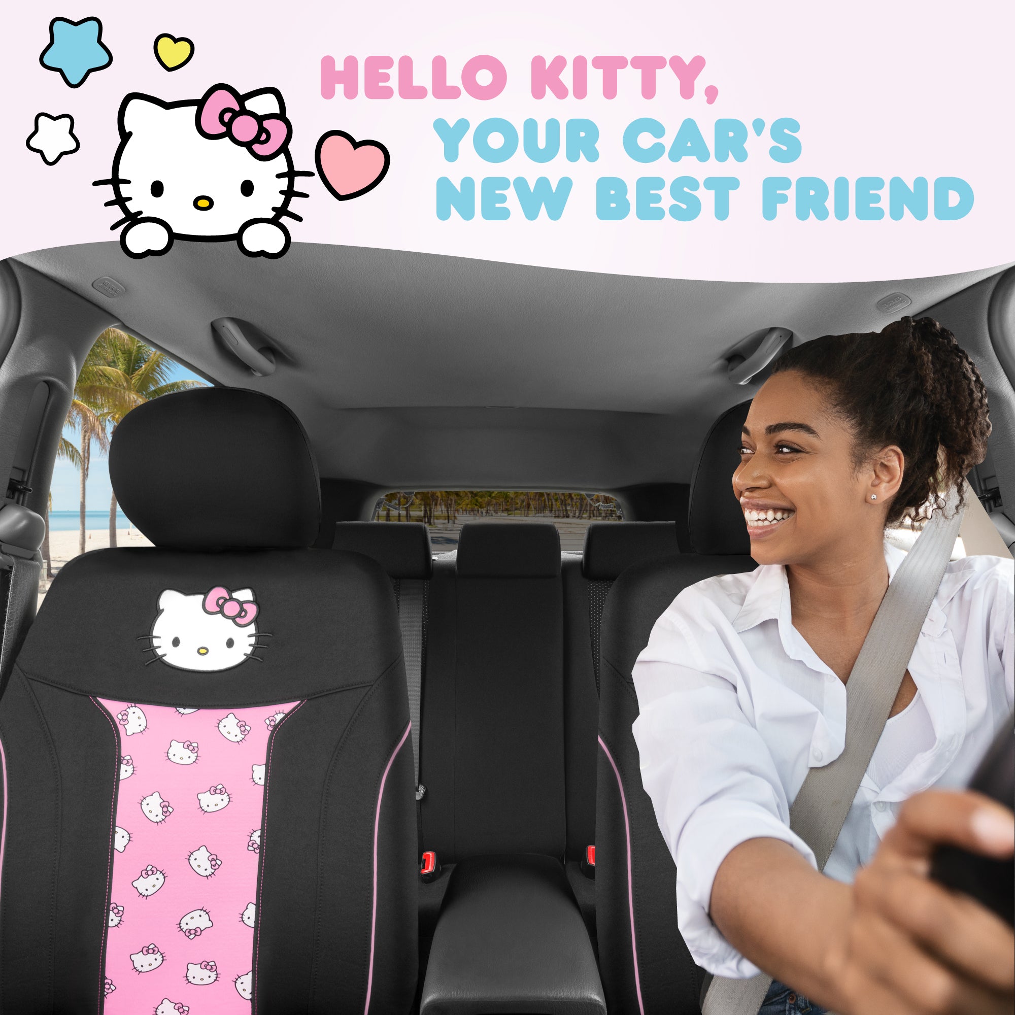 Hello Kitty Car Seat Covers - Cute and Durable Pink Front Seat Covers, Adorable Hello Kitty Design, Comfortable and Long-Lasting Polyester, Car Accessories Gift Hello Kitty Accessories 2pc Black/Pink