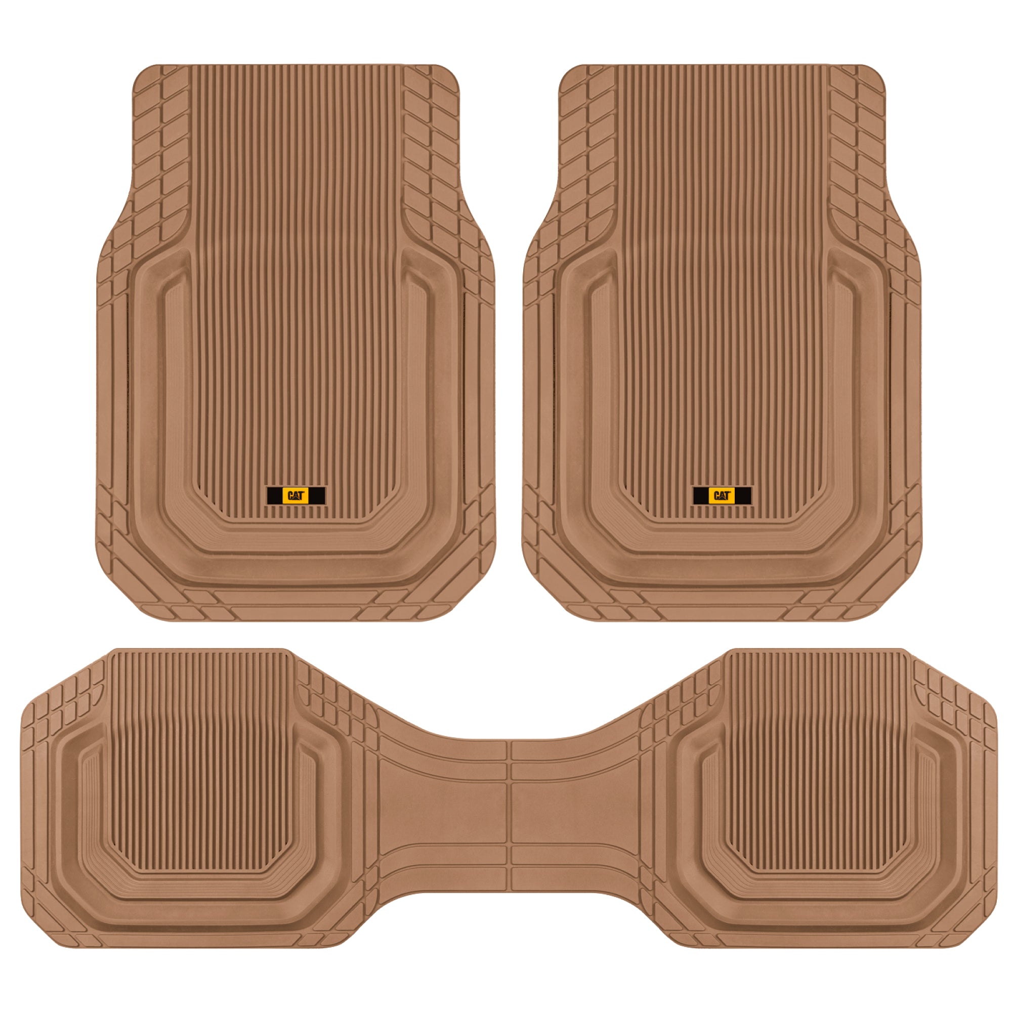 Cat® TerrainGuard™ Heavy-Duty 3-Piece All-Weather Rubber Floor Mats for Car, Truck, SUV, Van - Trim-to-Fit Deep Dish Automotive Floor Liners, Maximum Dirt & Water Protection, Universal Fit, Beige