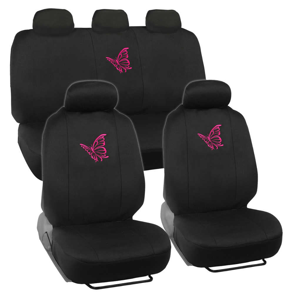 BDK 12-Piece Butterfly Front Seat Covers, Rear Seat Covers, Seat Belt Pads, and Steering Wheel Cover (Fits 14.5" - 15.5")