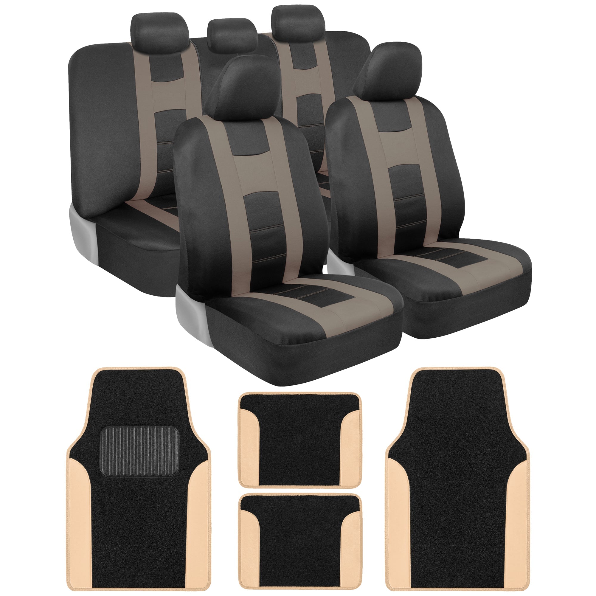 BDK 13-Piece Forza Series Front Seat Covers, Rear Seat Covers, Front Floor Mats, and Rear Floor Mats - Beige